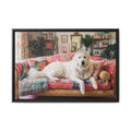 Framed Matte Canvas Regal Great Pyrenees presented in a whimsical lounge