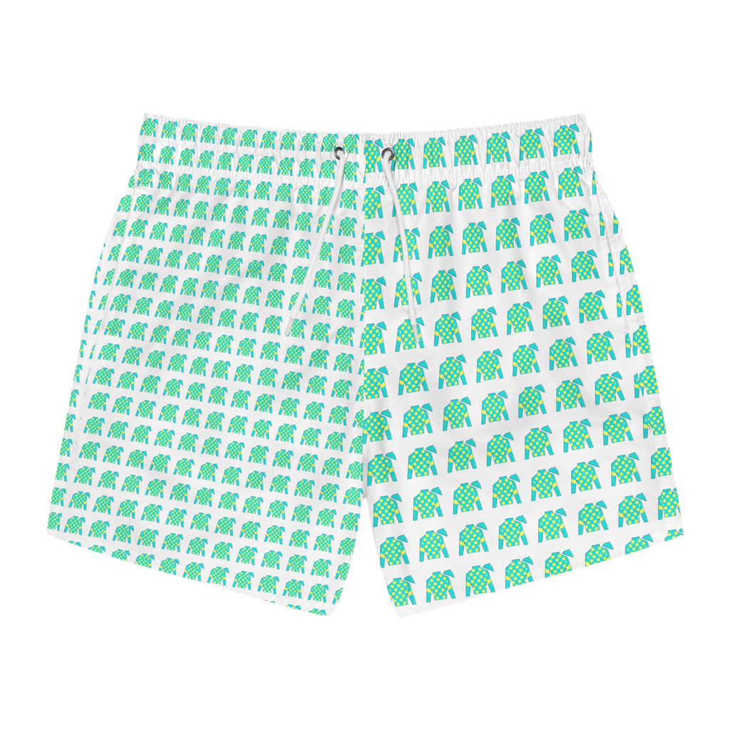 Jockey Silks Pattern Swim Trunks — Tropical All-Over Print Beach Shorts