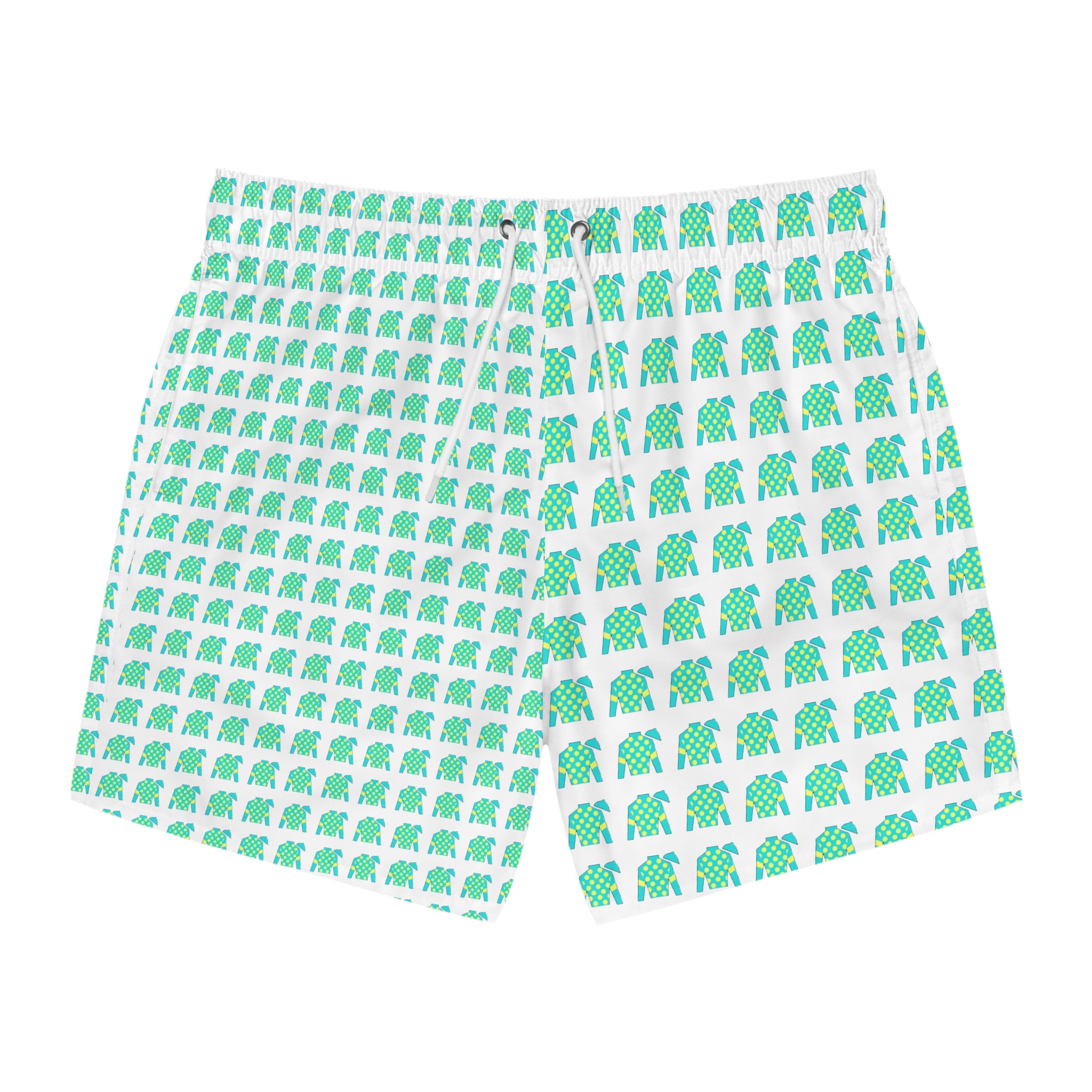Jockey Silks Pattern Swim Trunks — Tropical All-Over Print Beach Shorts