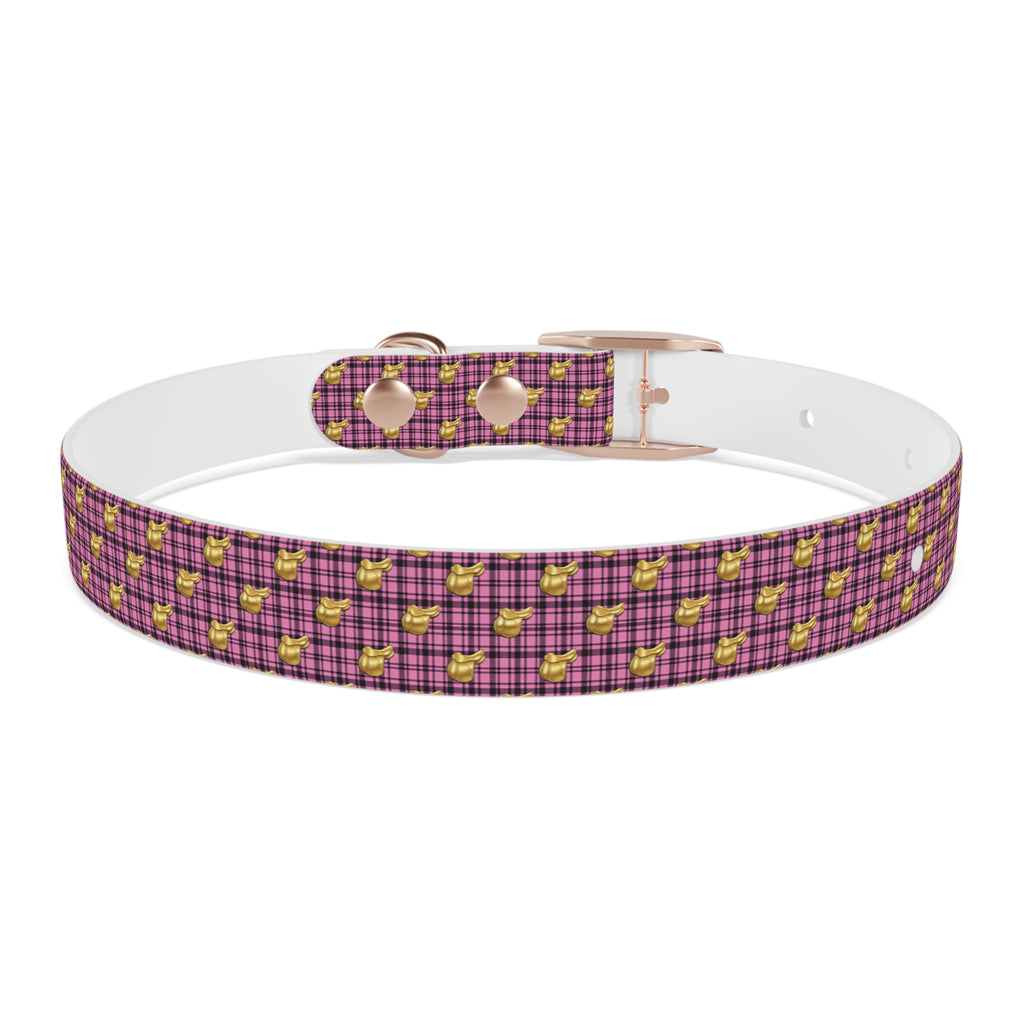 Pink Plaid Dog Collar with Tiny Gold Saddle Pattern