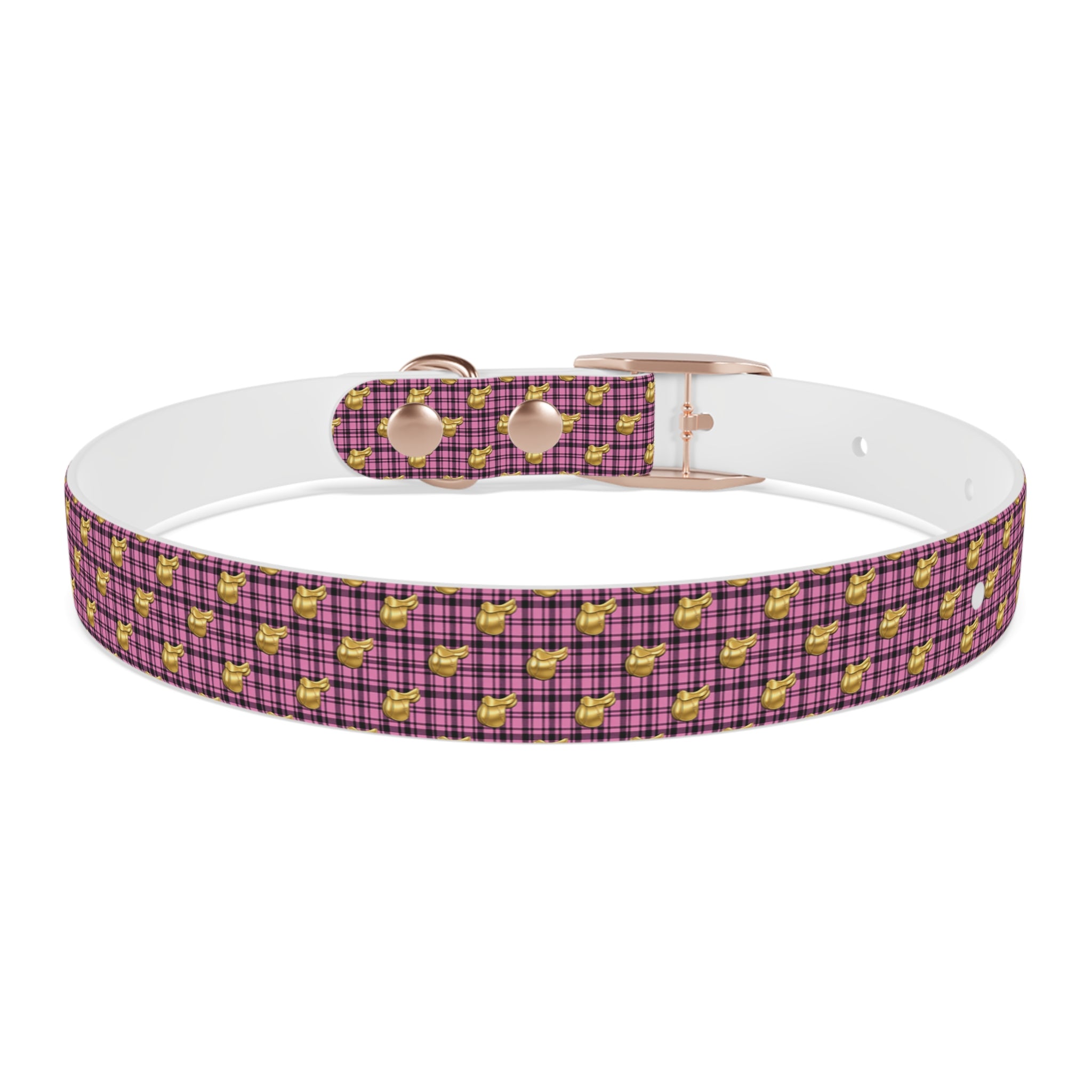 Pink Plaid Dog Collar with Tiny Gold Saddle Pattern