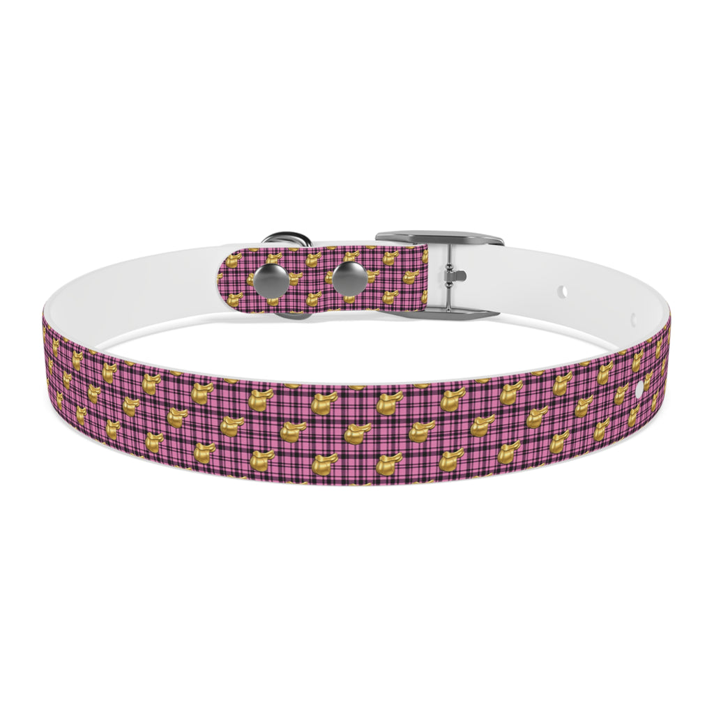 Pink Plaid Dog Collar with Tiny Gold Saddle Pattern