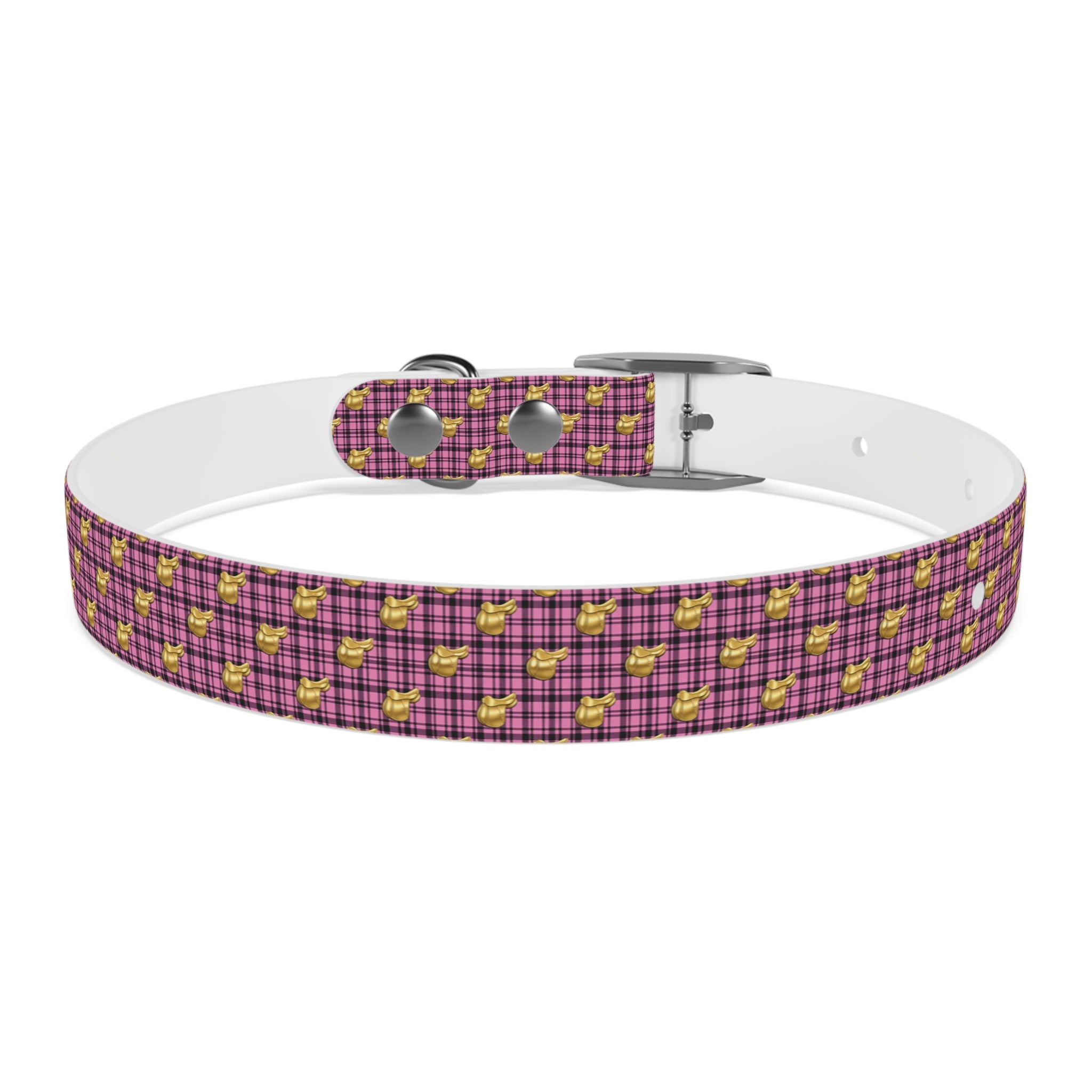 Pink Plaid Dog Collar with Tiny Gold Saddle Pattern
