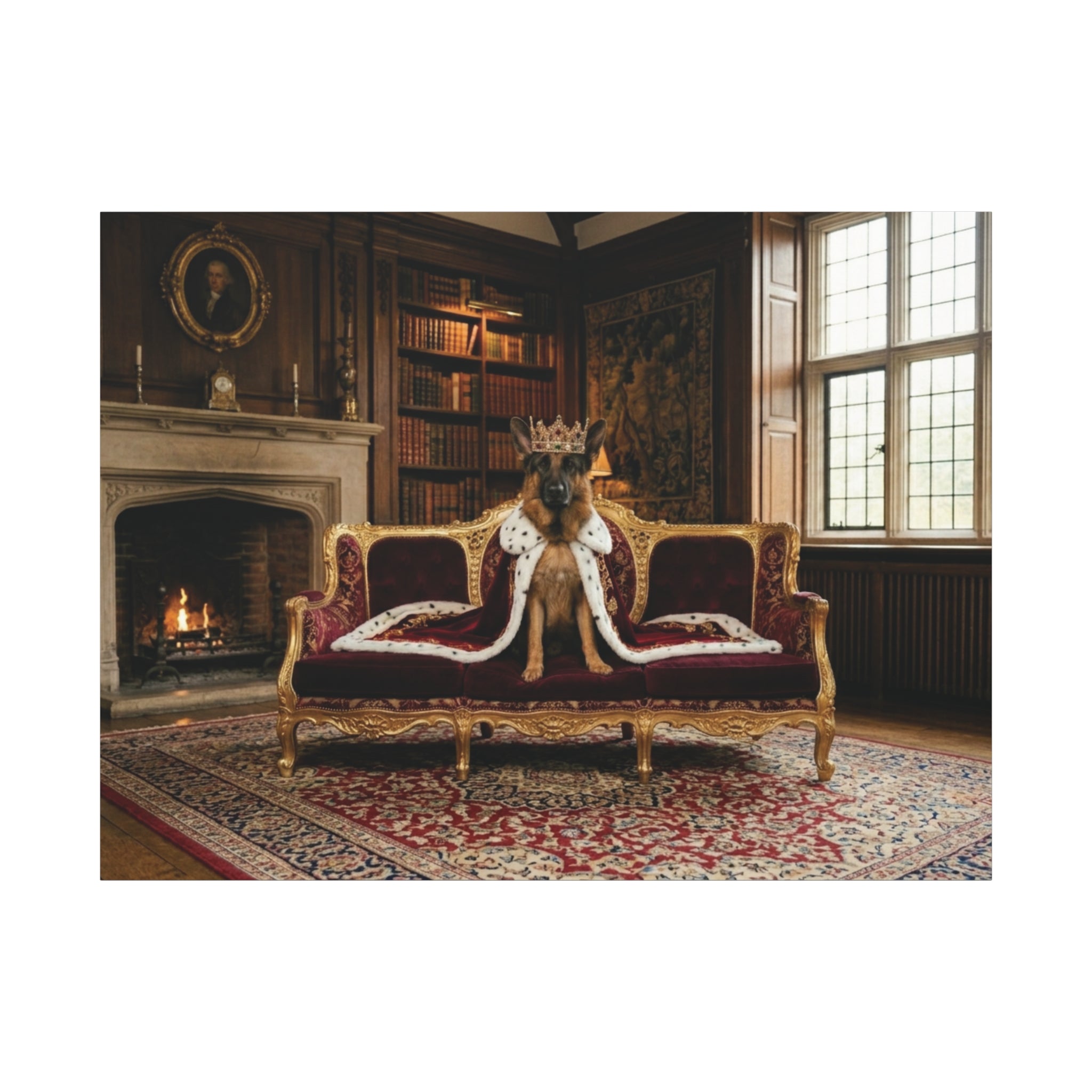 Regal German Shepherd Canvas Wall Art — King Dog on Fancy Sofa Matte Stretched Print