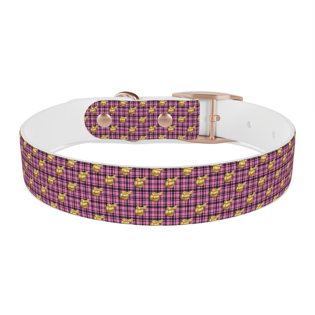 Pink Plaid Dog Collar with Tiny Gold Saddle Pattern
