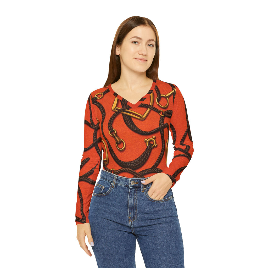 Women's V-Neck Long Sleeve Riding Shirt — Orange Gold and Dark Brown Leather Strap Print