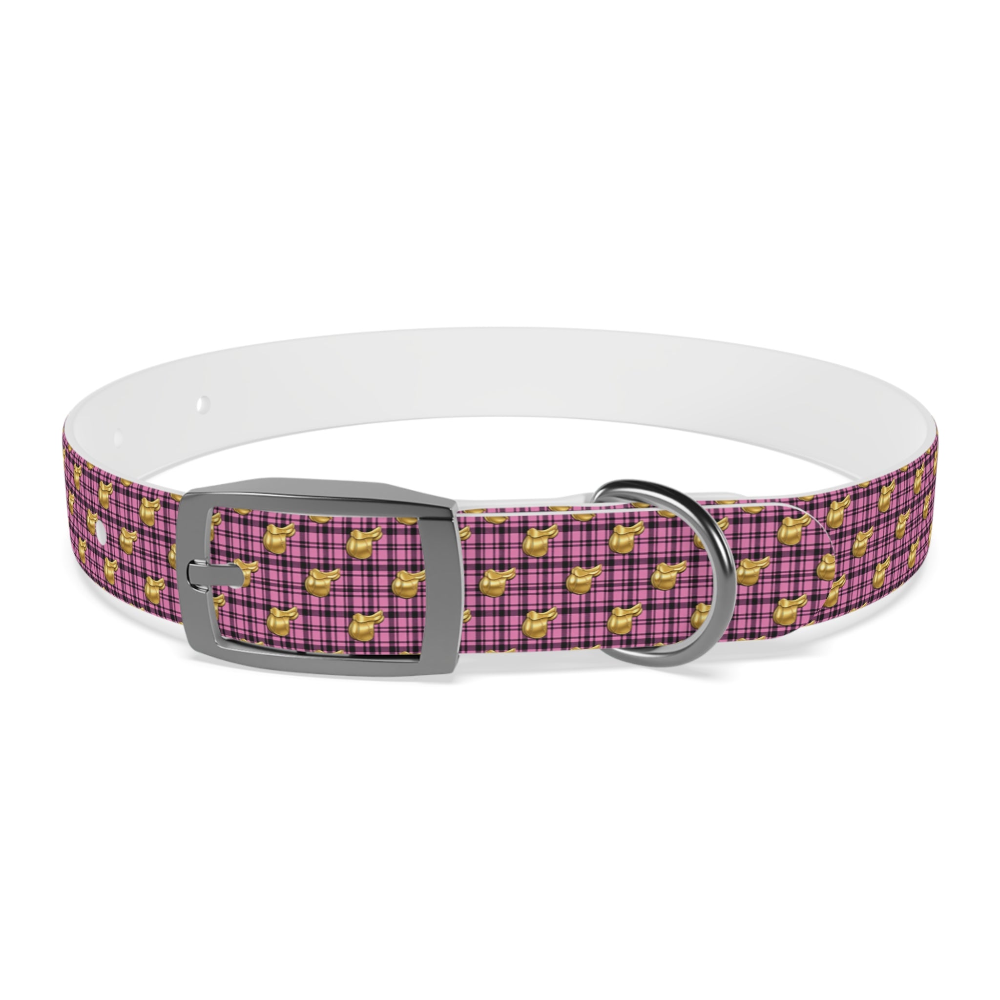 Pink Plaid Dog Collar with Tiny Gold Saddle Pattern