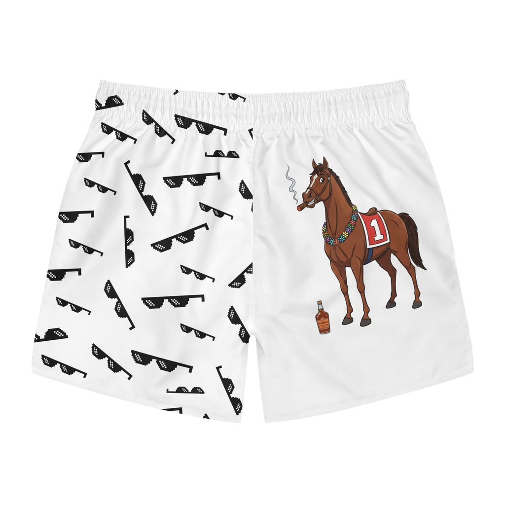 Horse Racing Swim Trunks — Funny Whiskey & Cigarette Jockey Print