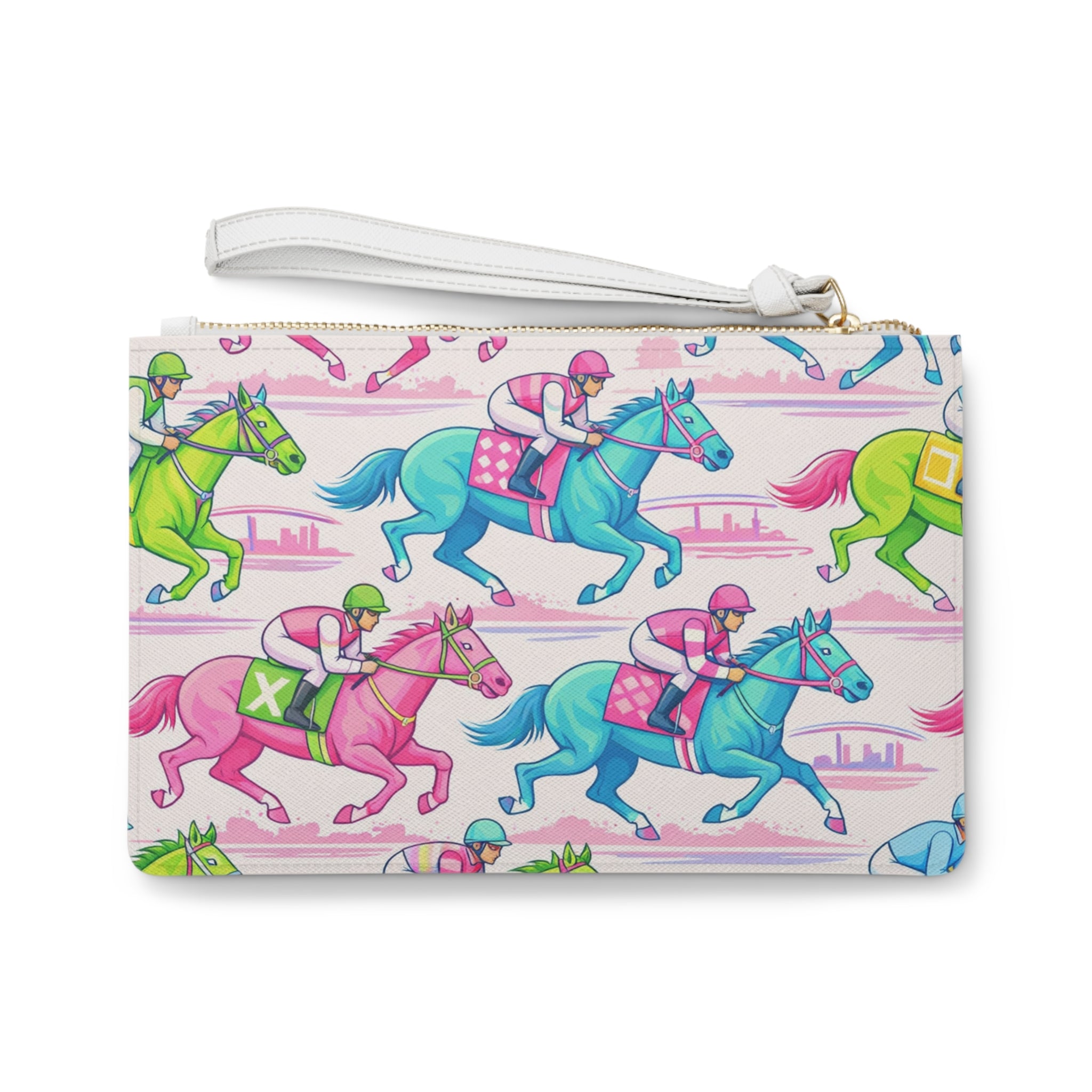 Horse Racing Clutch Bag — Colorful Jockey & Thoroughbred Print Wristlet