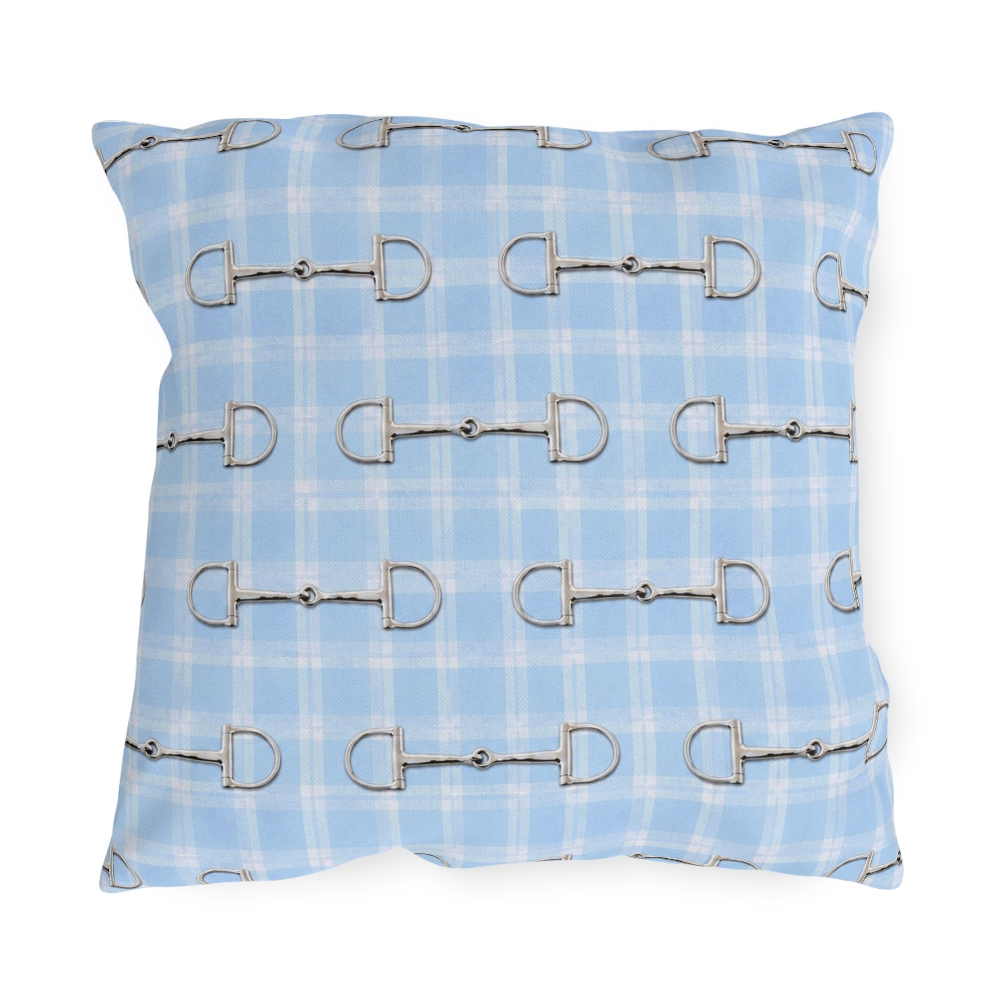 Baby Blue Plaid Horse Bit Outdoor Pillow