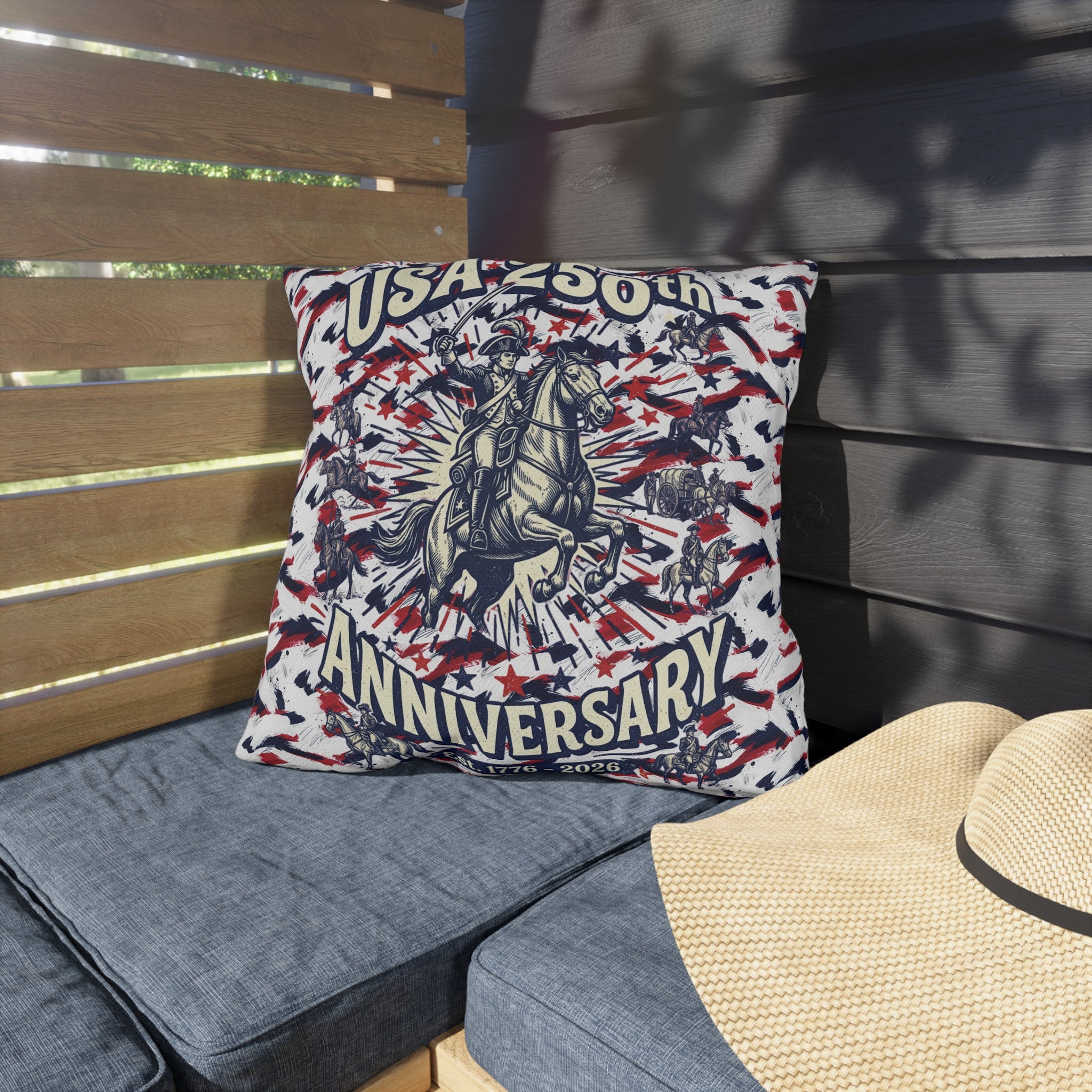 USA 250th Anniversary Outdoor Pillow — Patriotic Red White Blue Decor