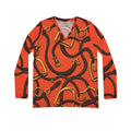Women's V-Neck Long Sleeve Riding Shirt — Orange Gold and Dark Brown Leather Strap Print