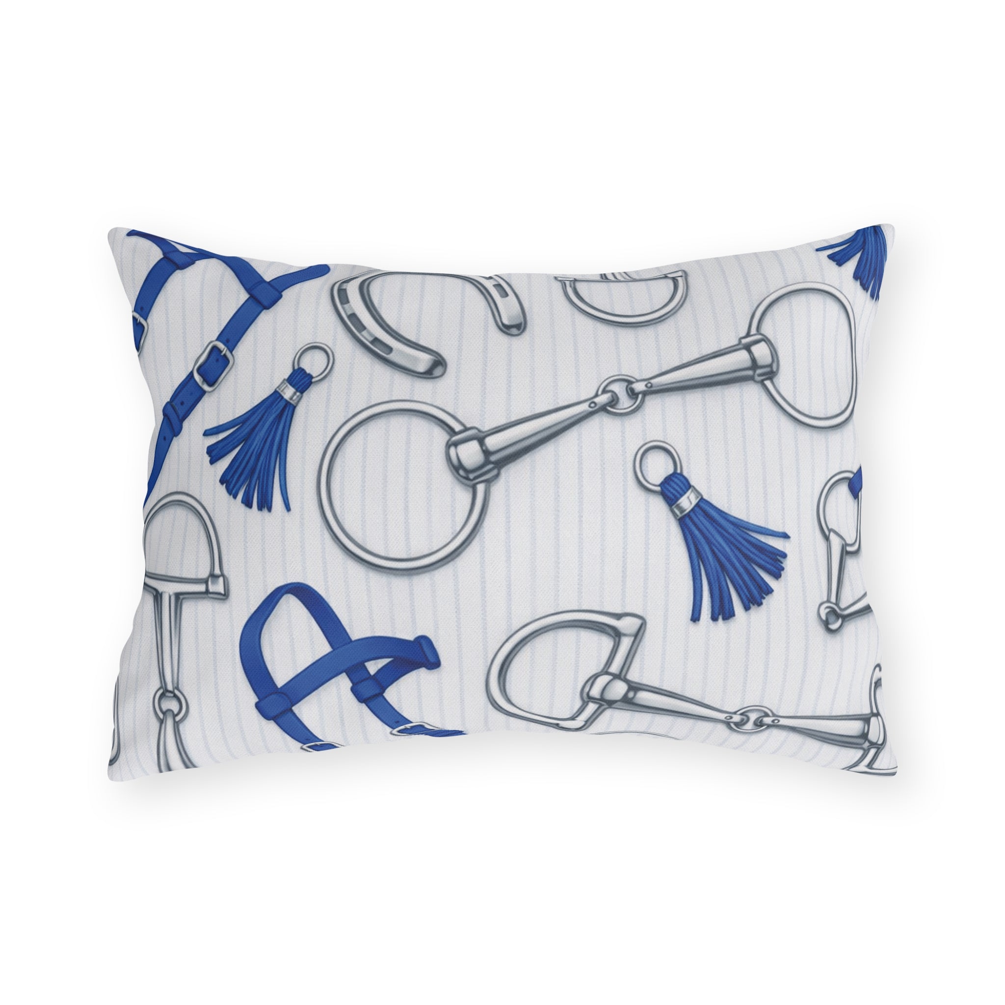 Equestrian Bits and Bridle Outdoor Pillow  Blue Horse Tack Pattern