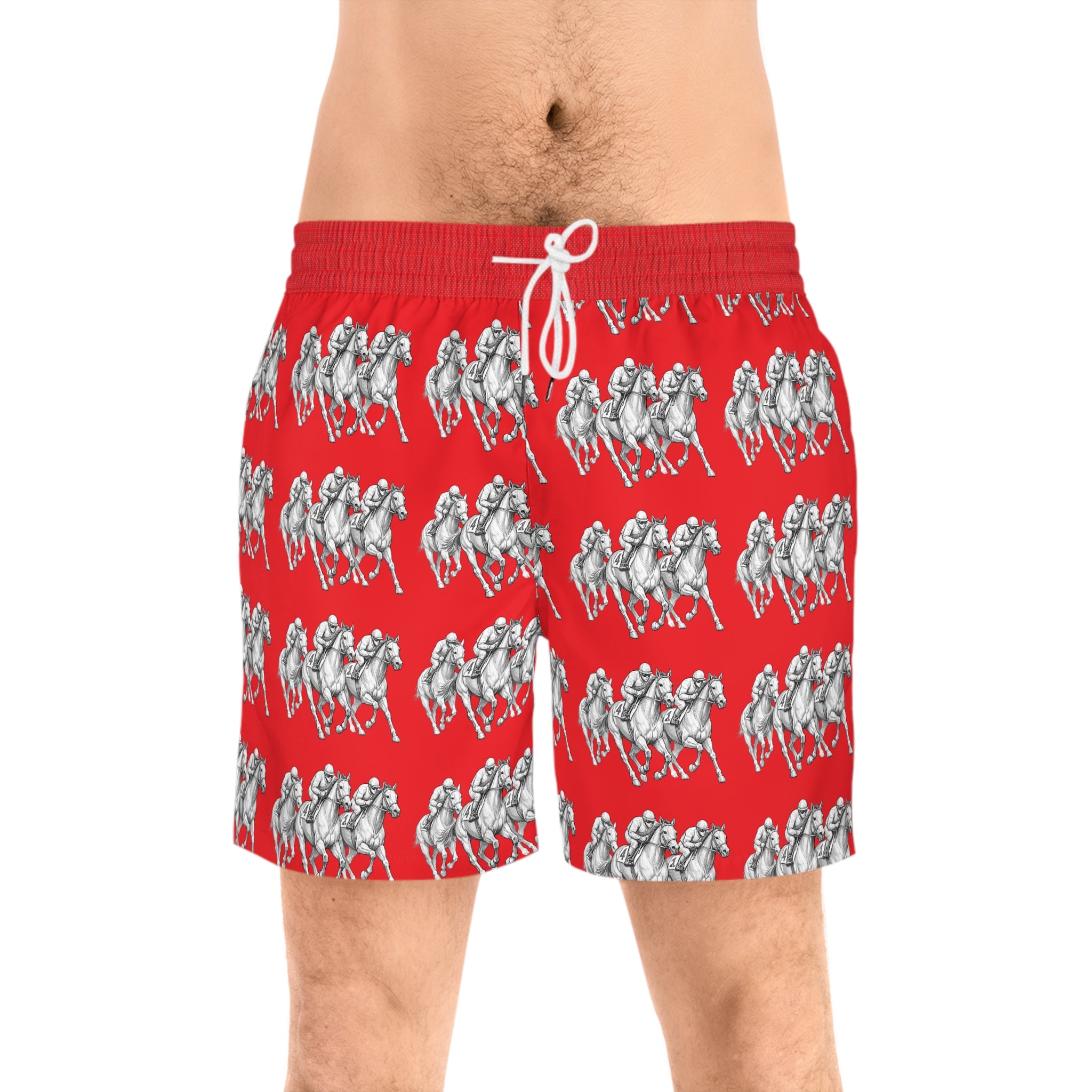 Red horse racing Print Swim Shorts — Men's Mid-Length Beach Trunks