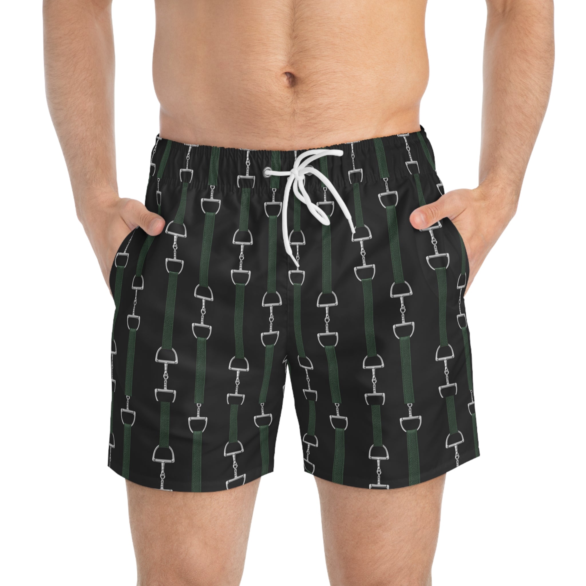 Mens Swim Trunks — Equestrian Bit Pattern (Black & Green)
