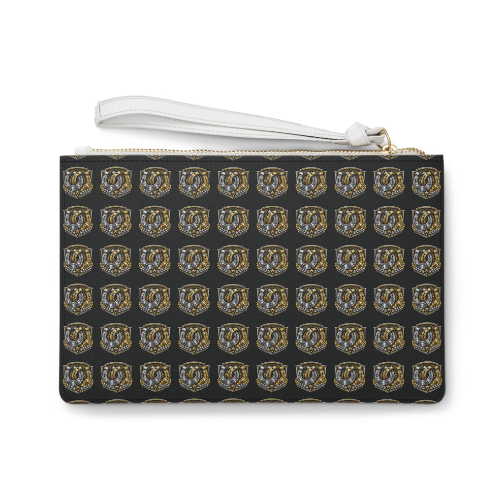 Horseshoe Crest Clutch Bag – Black & Gold Patterned Wristlet