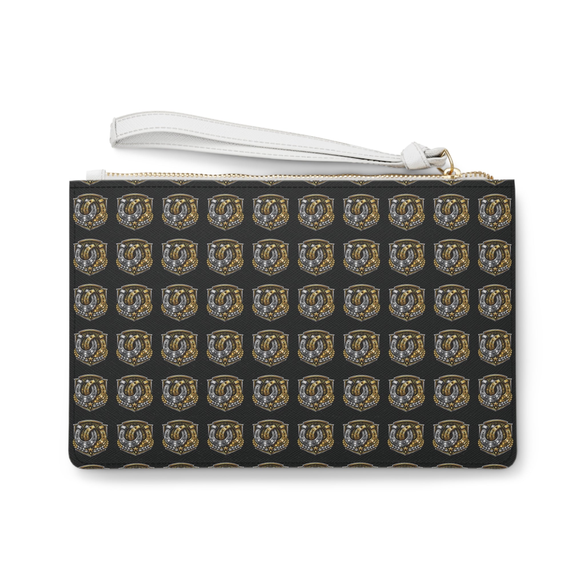 Horseshoe Crest Clutch Bag – Black & Gold Patterned Wristlet