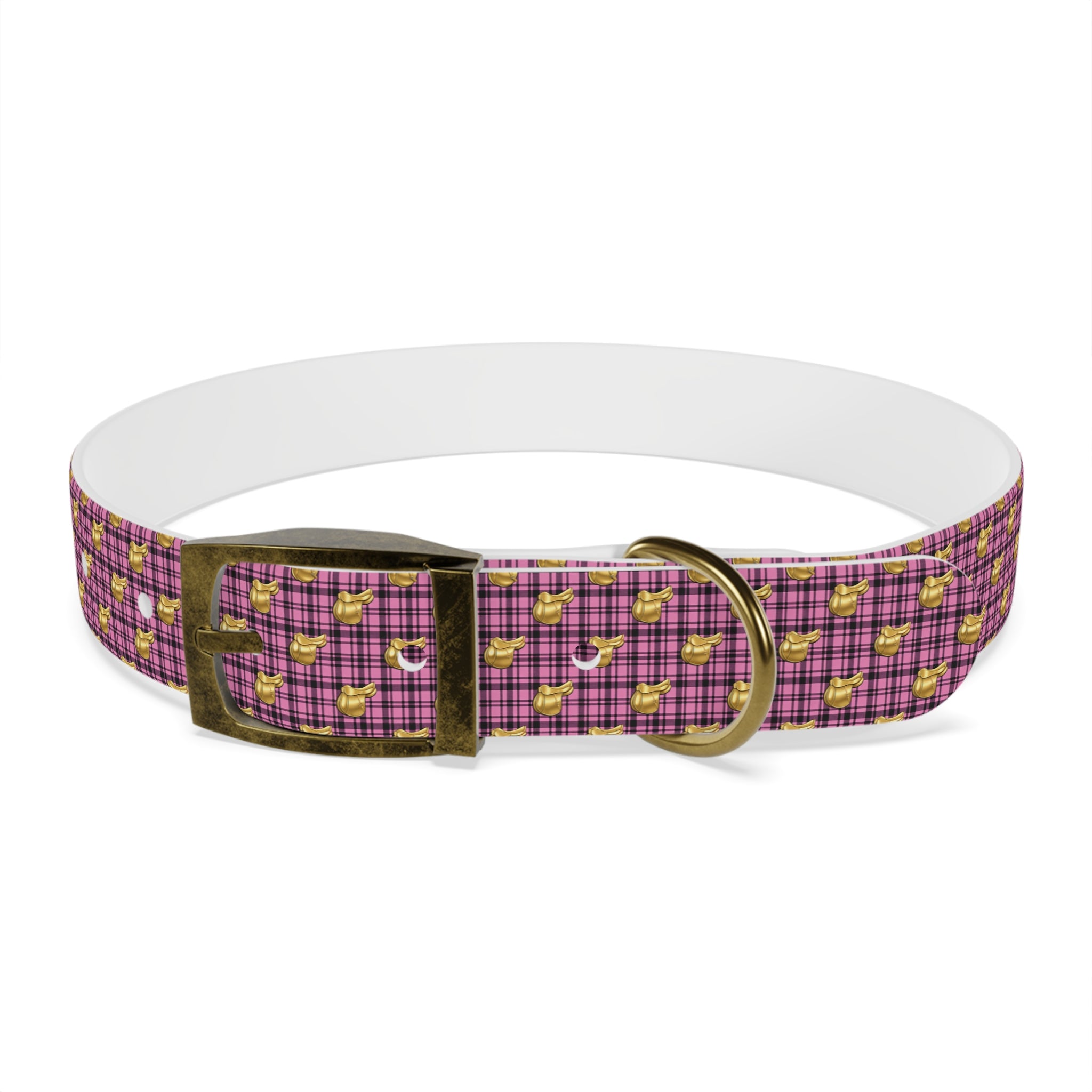 Pink Plaid Dog Collar with Tiny Gold Saddle Pattern