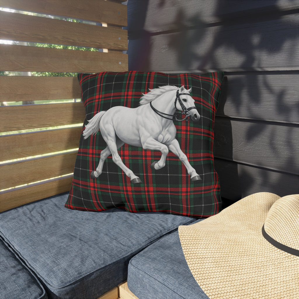 White Horse on Red and Black Tartan Outdoor Pillow