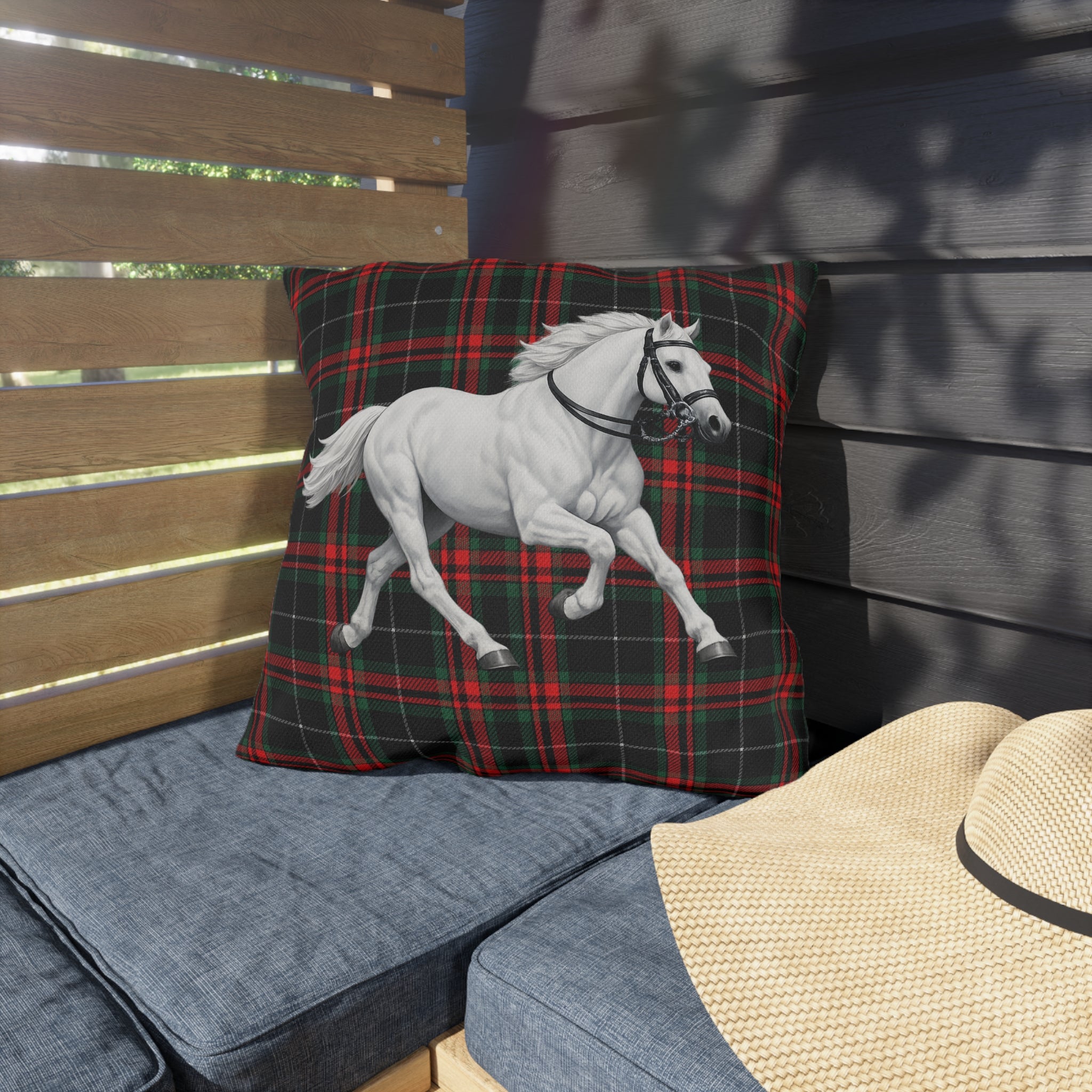 White Horse on Red and Black Tartan Outdoor Pillow