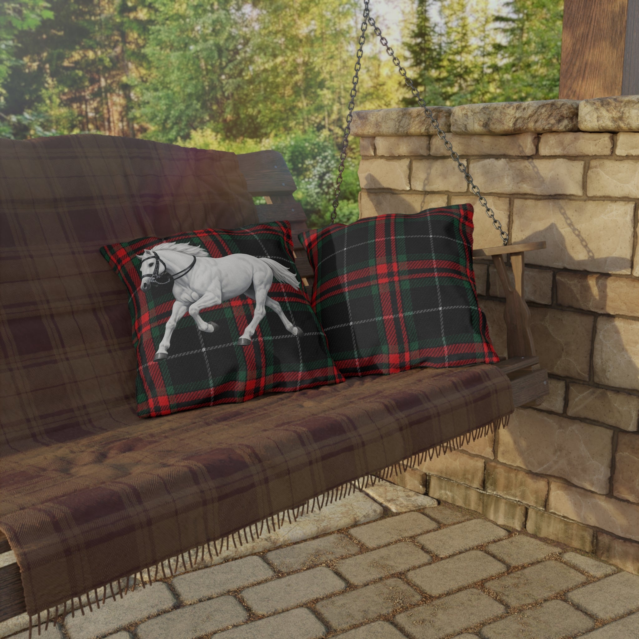 White Horse Plaid Outdoor Pillow  Red and Green Tartan Farmhouse Decor
