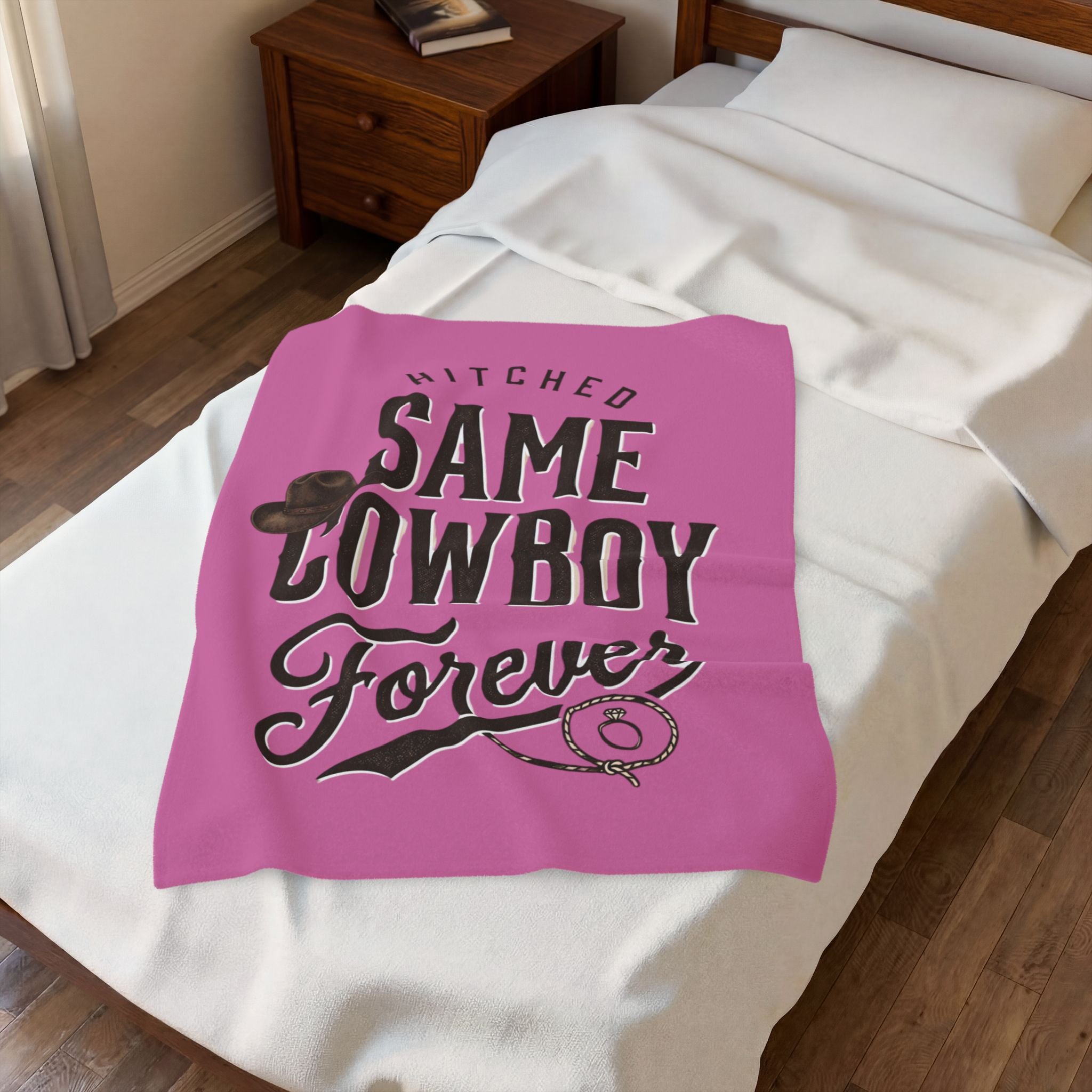 Velveteen Plush Blanket – “Hitched: Same Cowboy Forever” Western Wedding Throw