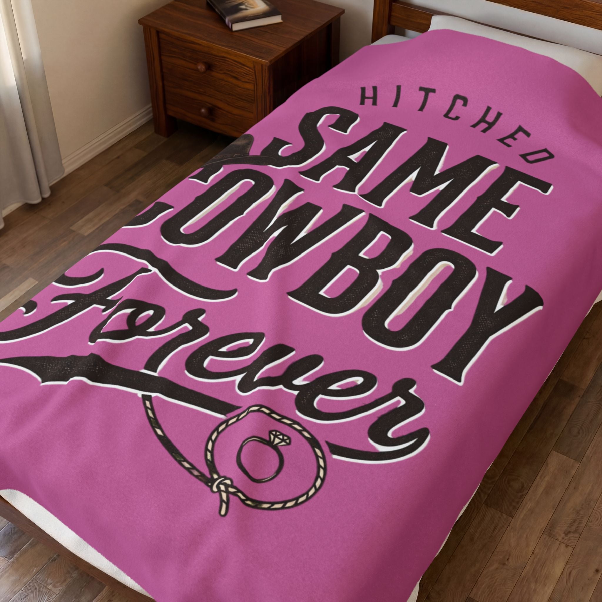 Velveteen Plush Blanket – “Hitched: Same Cowboy Forever” Western Wedding Throw