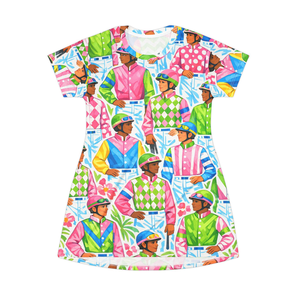 Colorful Jockey Print T‑Shirt Dress — Vibrant Equestrian Pattern AOP