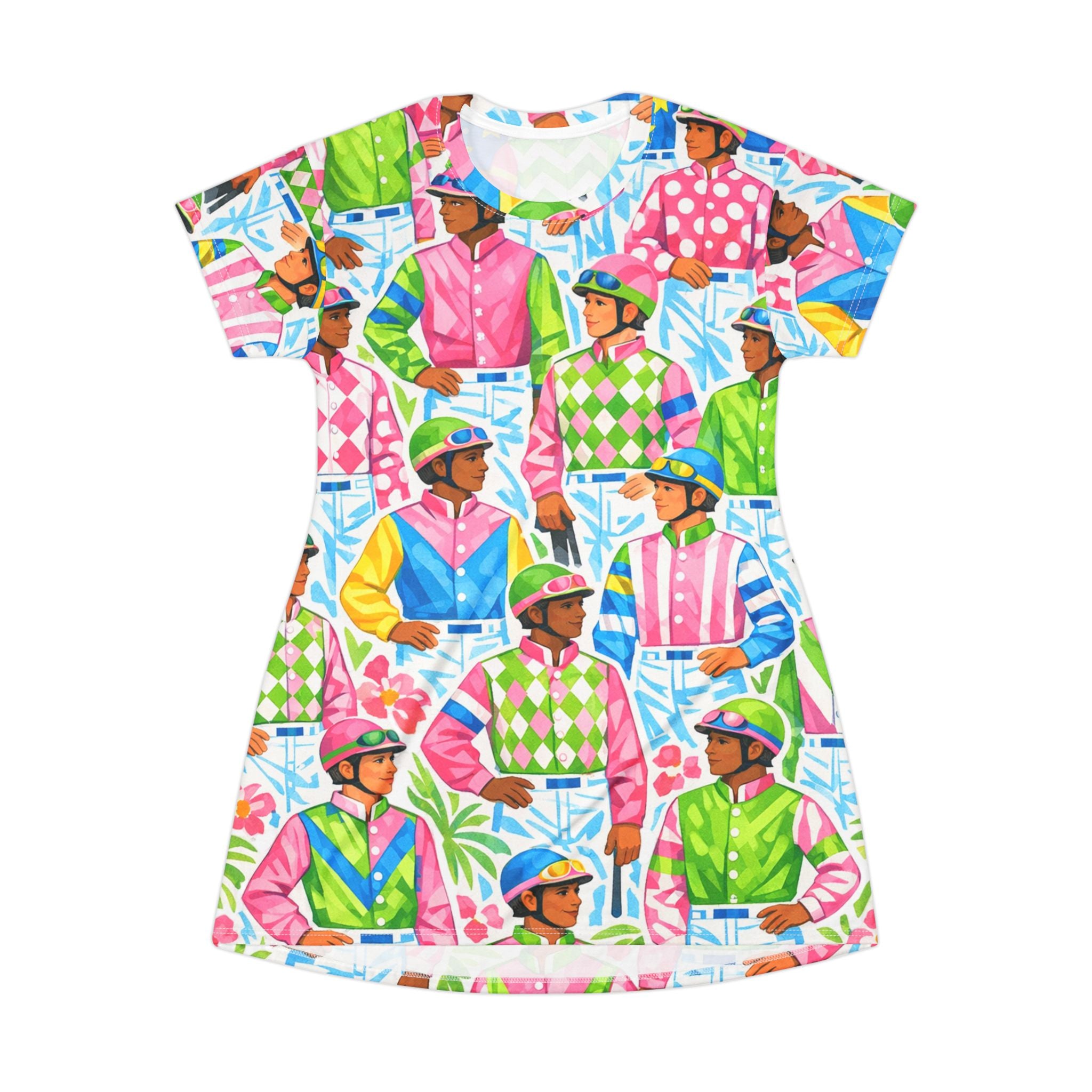 Colorful Jockey Print T‑Shirt Dress — Vibrant Equestrian Pattern AOP