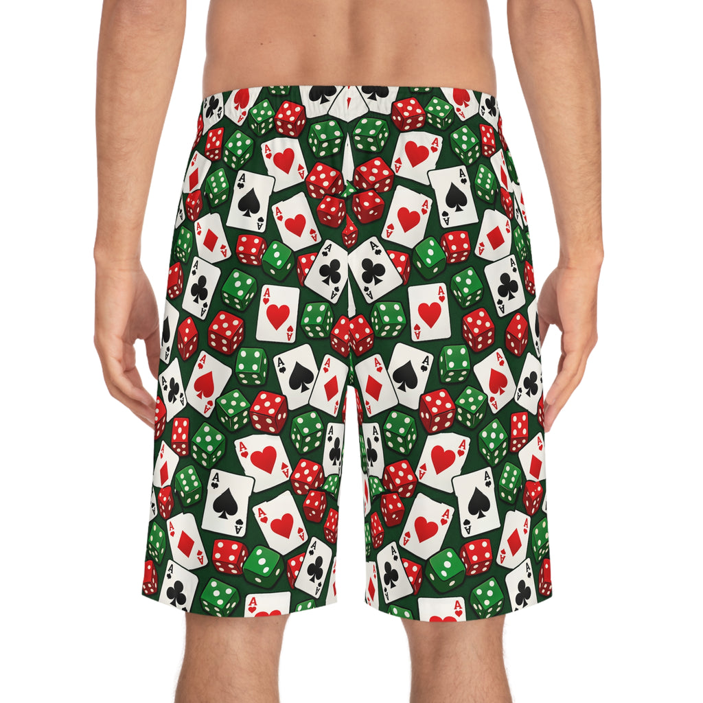 Casino Dice & Cards Board Shorts — Men's Poker Pattern Swim Trunks