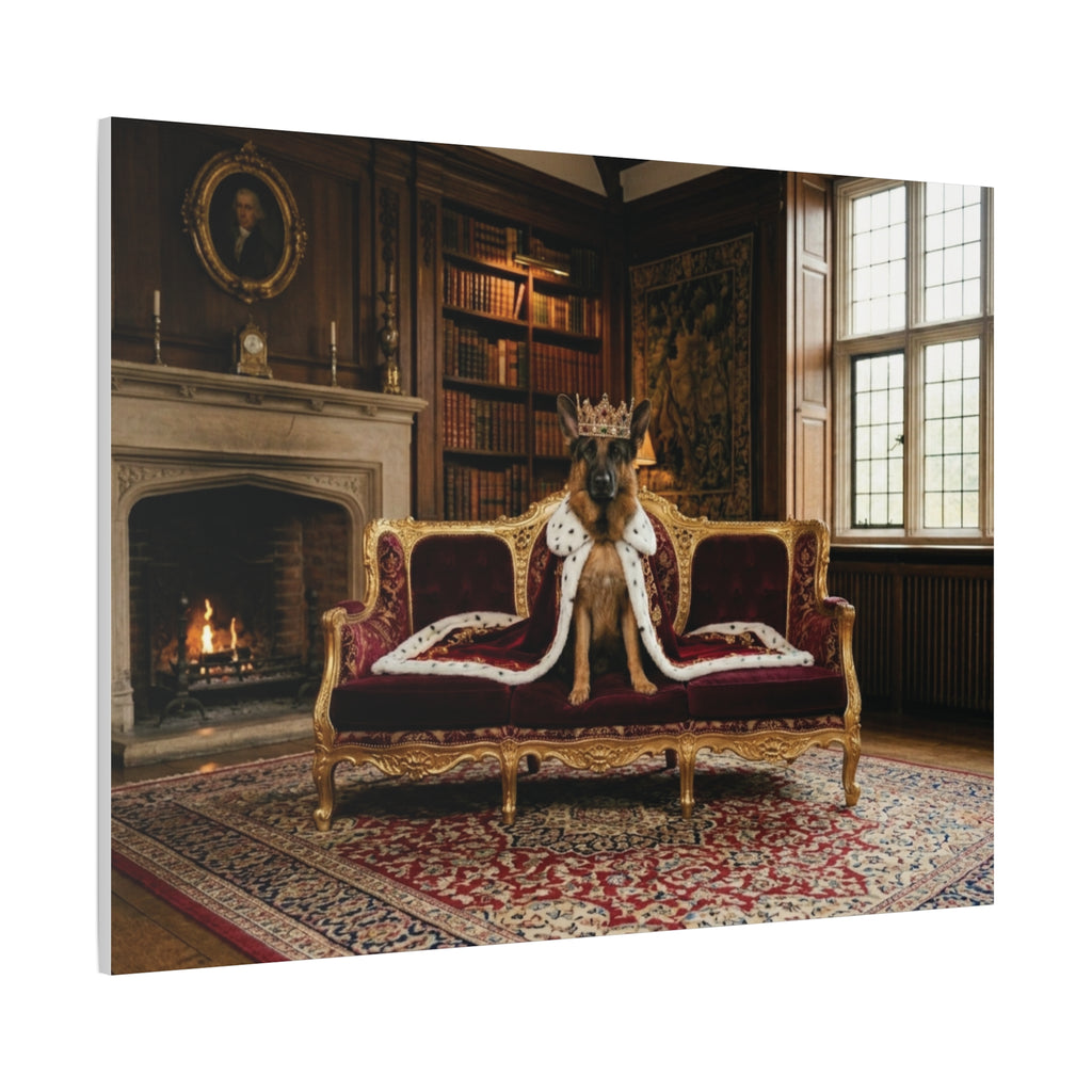 Regal German Shepherd Canvas Wall Art — King Dog on Fancy Sofa Matte Stretched Print