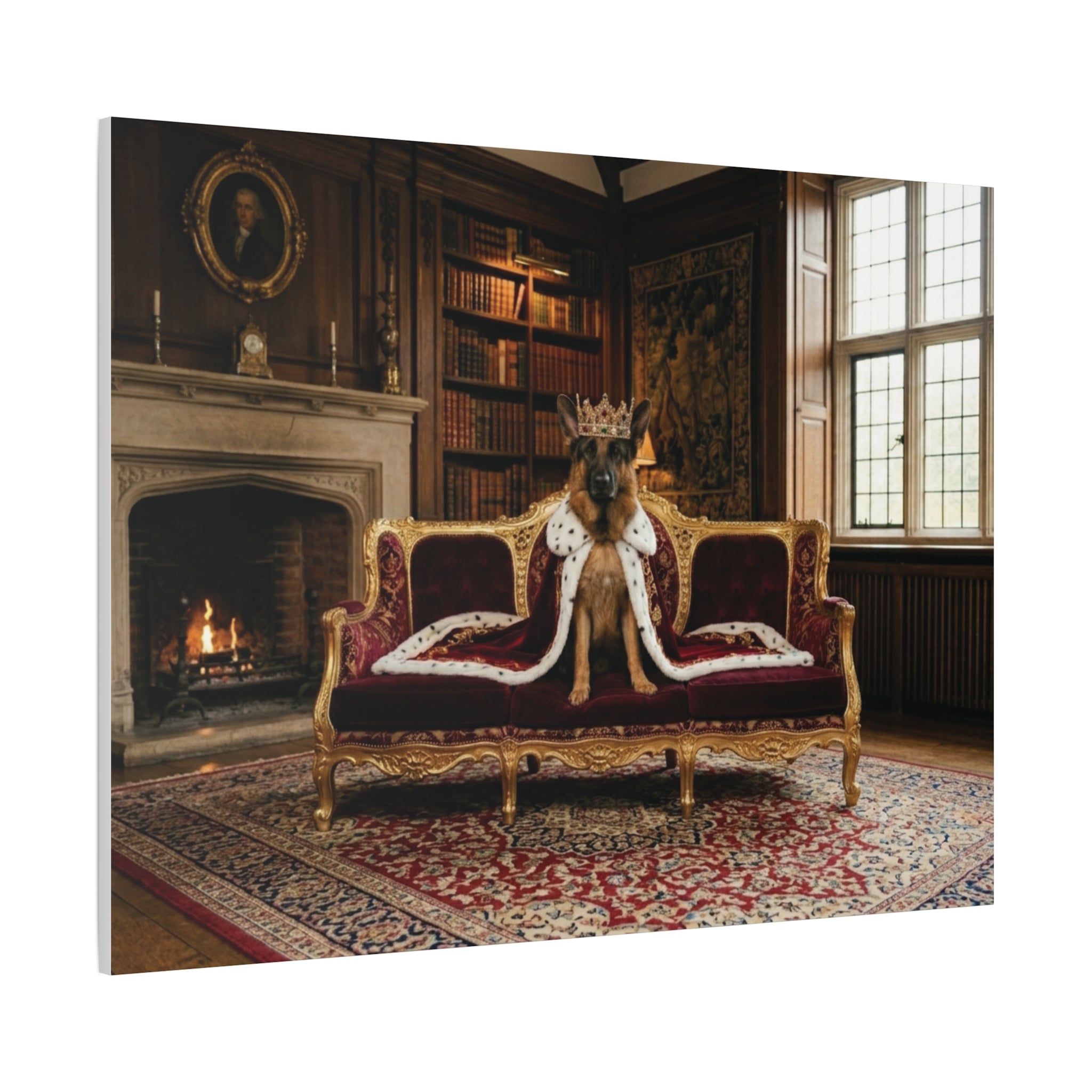Regal German Shepherd Canvas Wall Art — King Dog on Fancy Sofa Matte Stretched Print