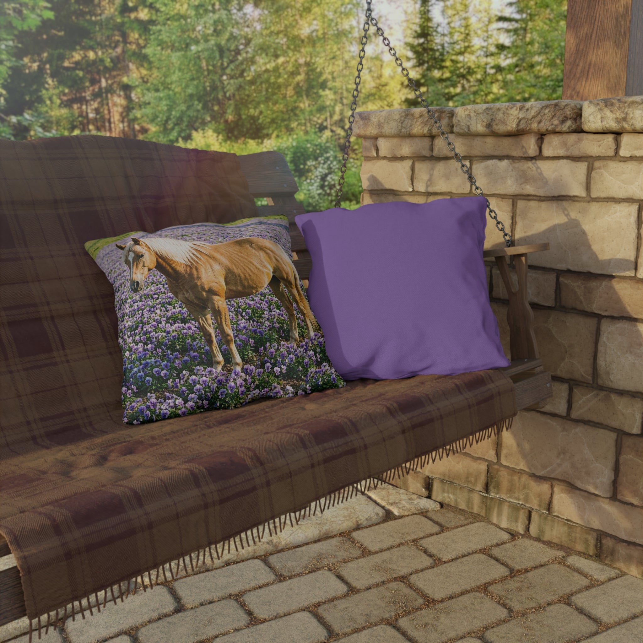 Horse in Lavender Field Outdoor Pillow  Floral Farmhouse Patio Decor