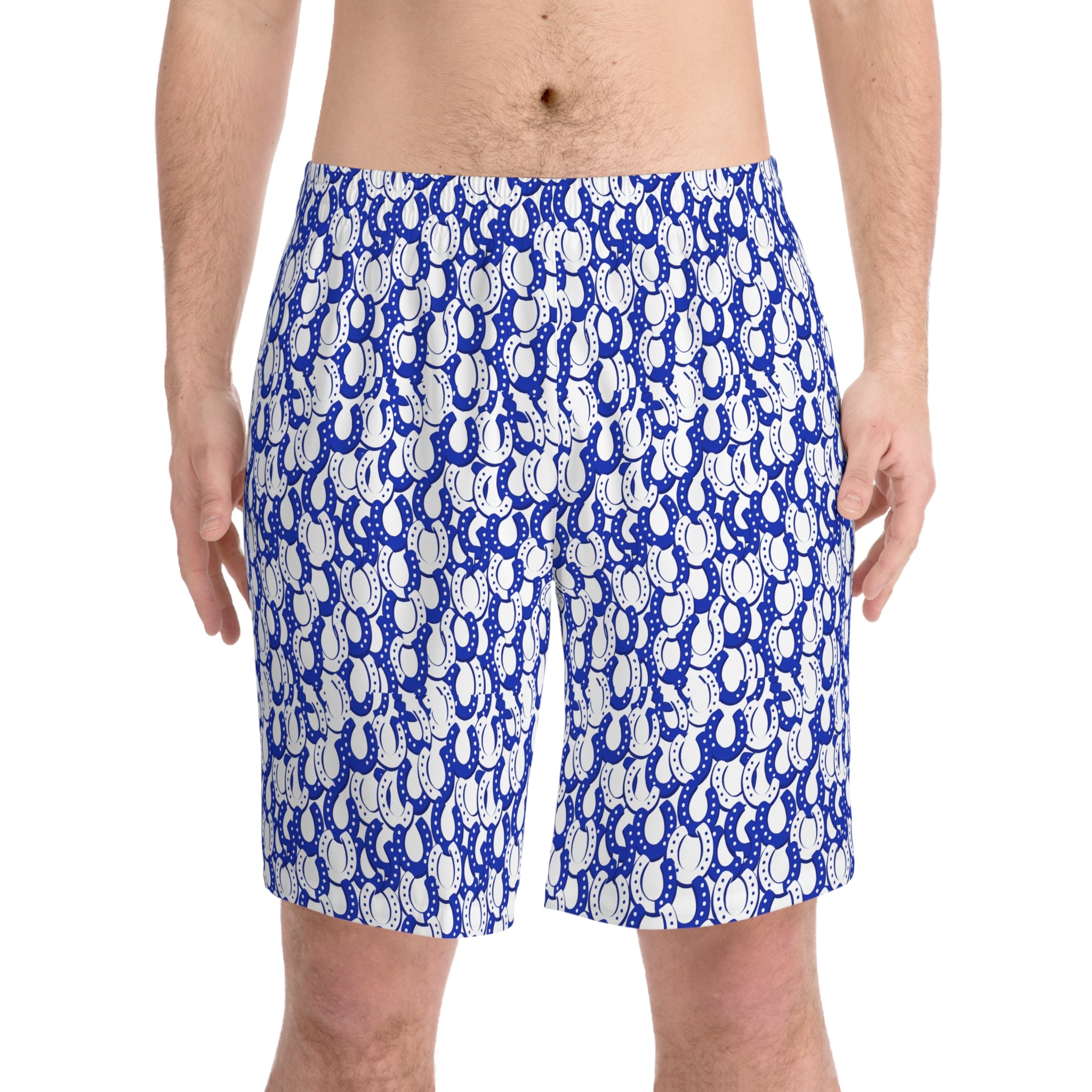Men's Blue horseshoe Print Beach Shorts — Elastic Swim Trunks