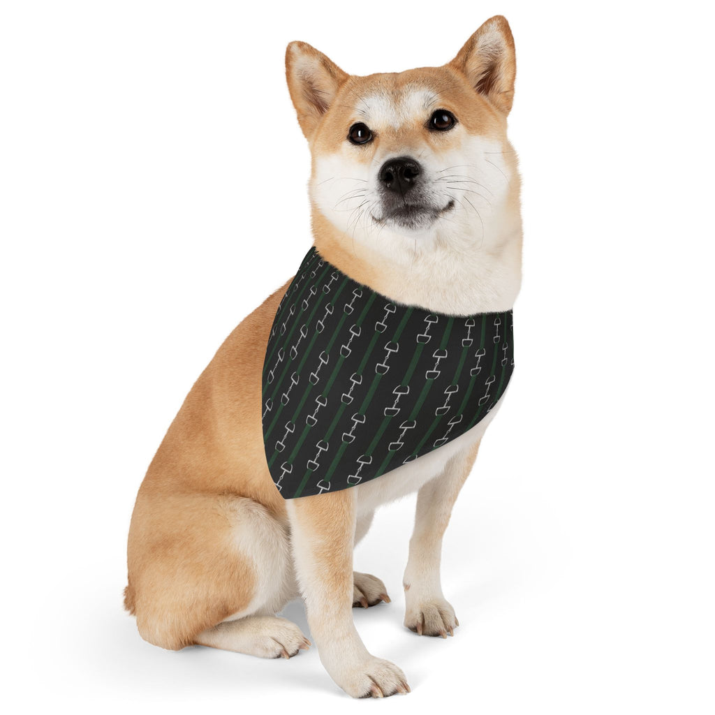 Pet Bandana Collar — Hunter Green Webbed Look Straps With Silver Horsebit Motif Pattern Dog Bandana Collar