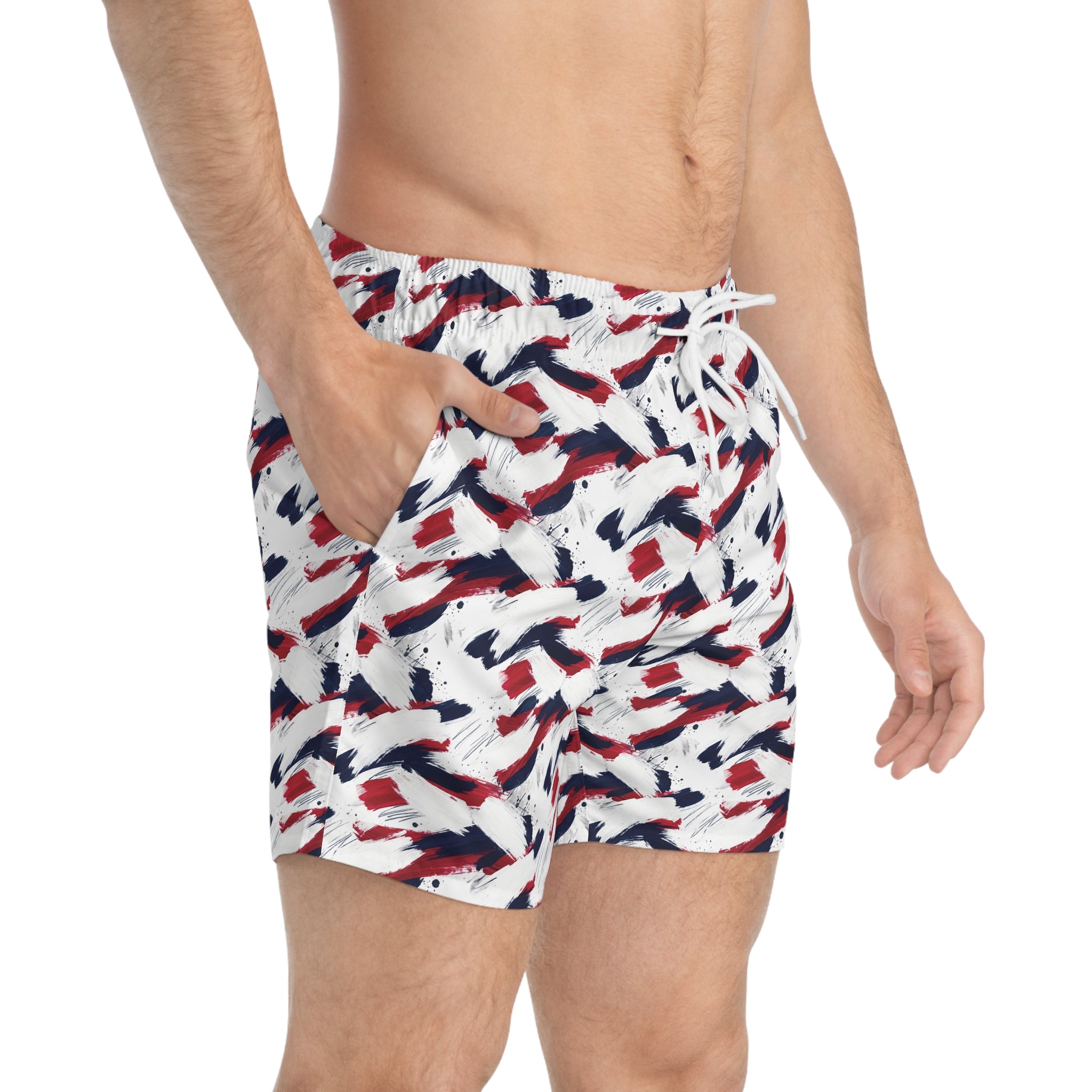 Patriotic Brushstroke Swim Trunks — Red White & Navy All-Over Print