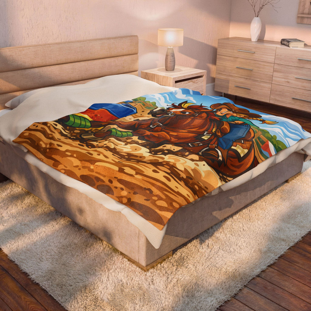 Cartoon Barrel Racing Horse Velveteen Plush Blanket — Rodeo Cow Girl Throw
