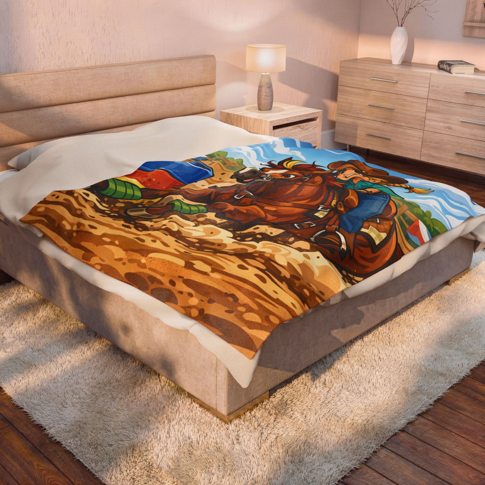 Cartoon Barrel Racing Horse Velveteen Plush Blanket — Rodeo Cow Girl Throw