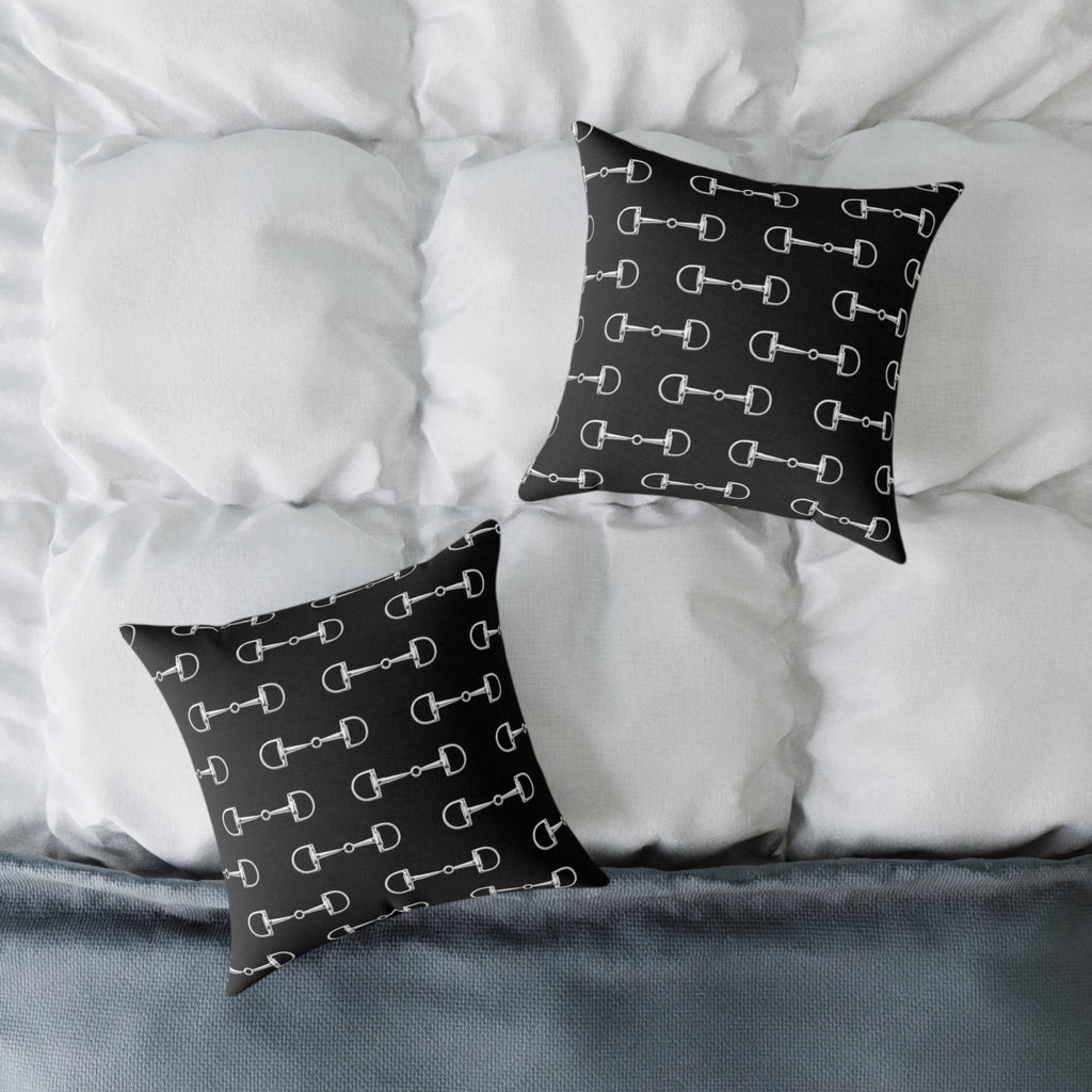 Equestrian Bit Pattern Square Throw Pillow — Black silver white