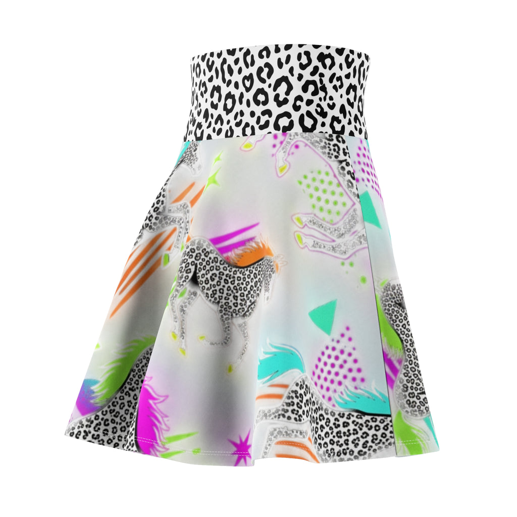 Neon Snow Leopard Horse Print Skater Skirt — Leopard Waistband, Retro 80s Rainbow Horse Vibe
