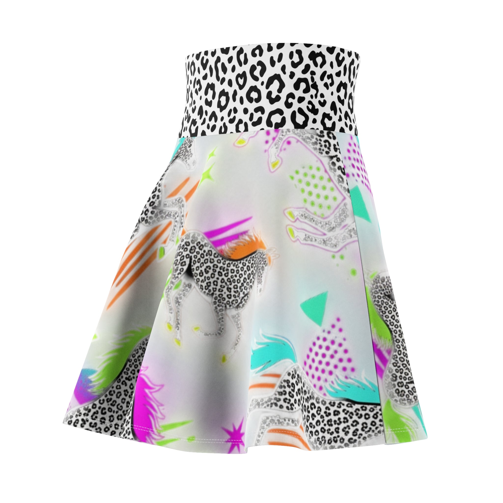 Neon Snow Leopard Horse Print Skater Skirt — Leopard Waistband, Retro 80s Rainbow Horse Vibe