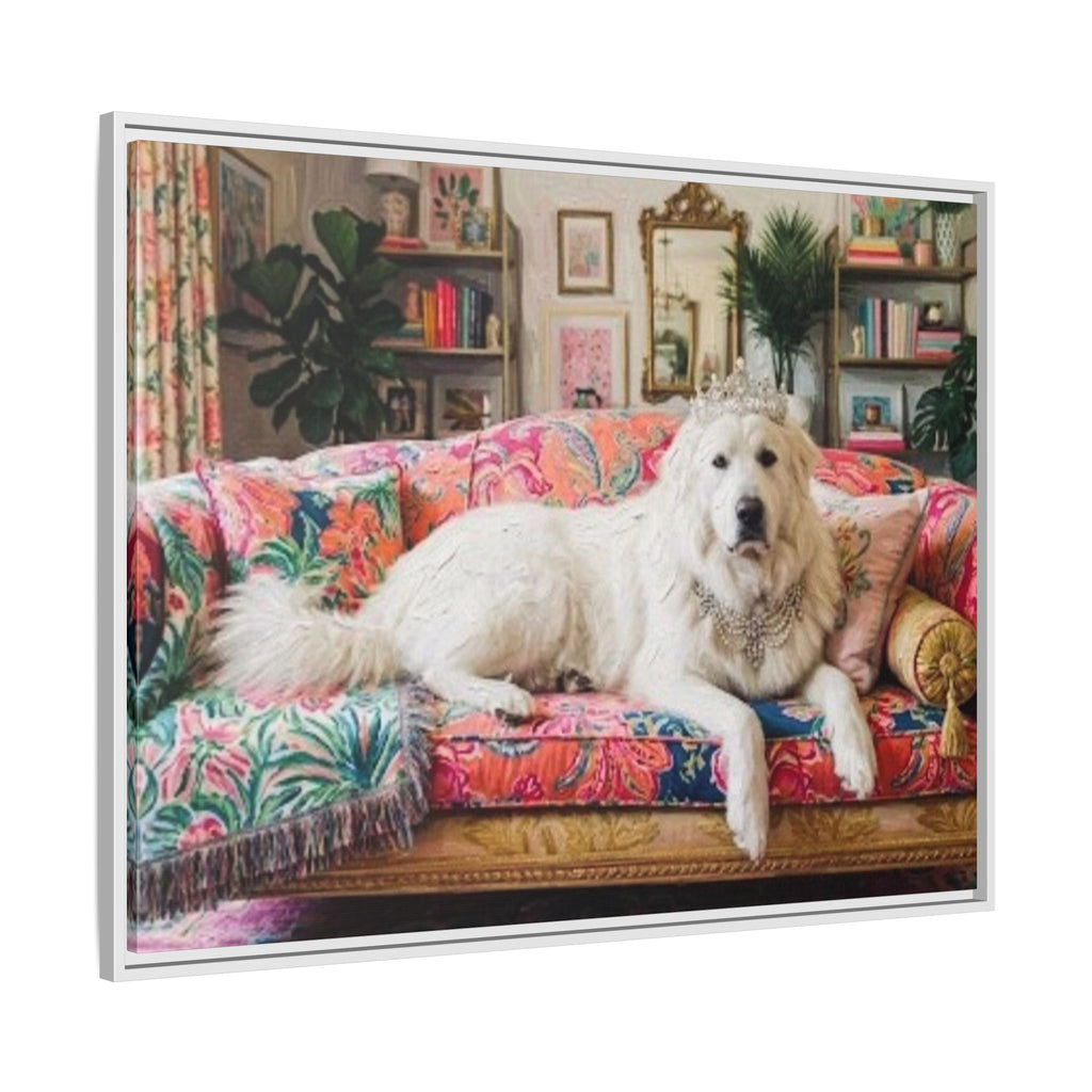 Framed Matte Canvas Regal Great Pyrenees presented in a whimsical lounge