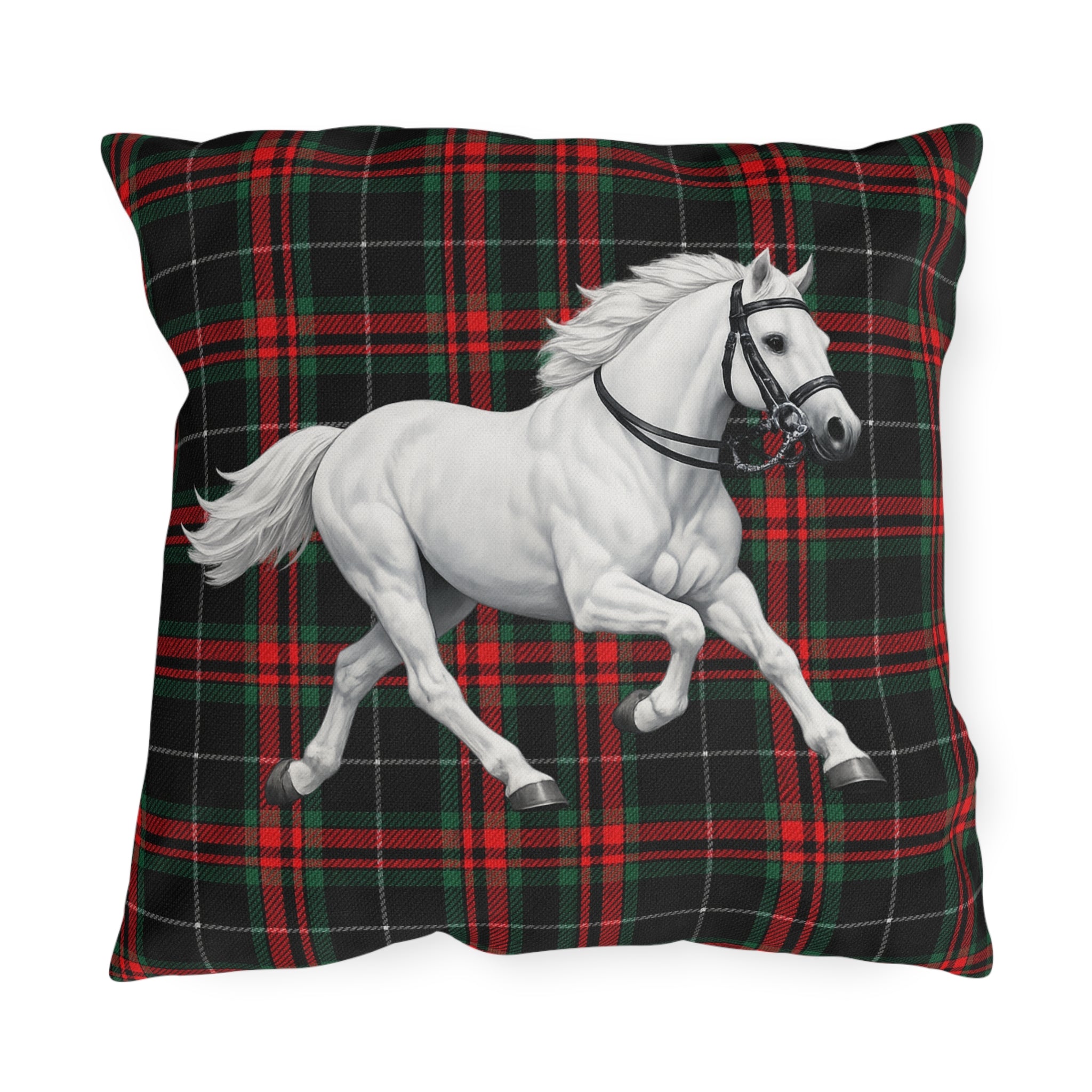 White Horse on Red and Black Tartan Outdoor Pillow