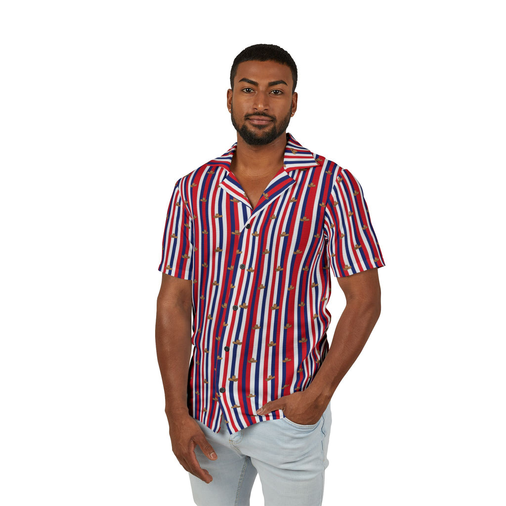 Patriotic Stripe and Mini Cowboy Hat Motif short sleeve button down