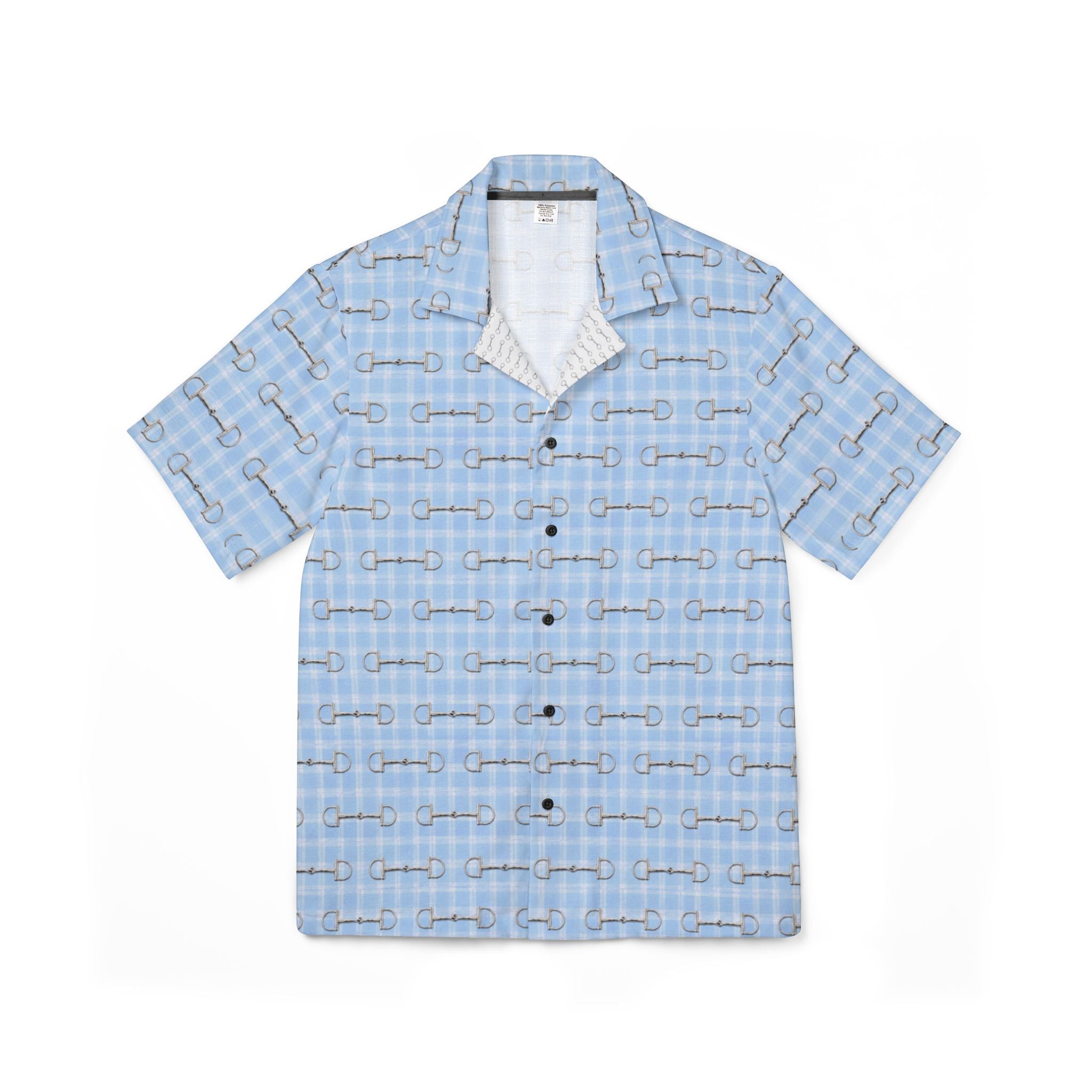 Men's Light Blue Hawaiian Camp Shirt — Horse Bit Pattern Button Down  Shirt