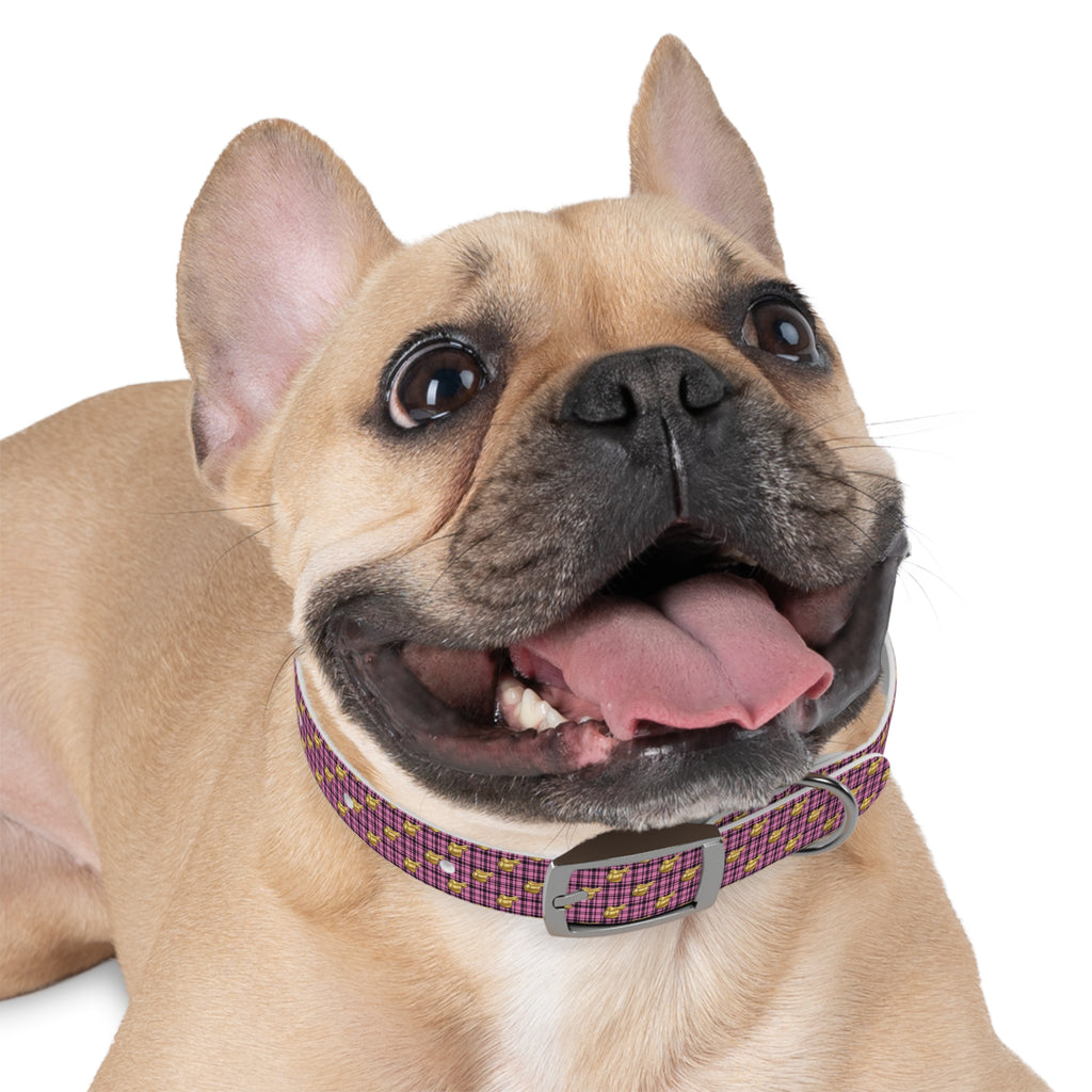 Pink Plaid Dog Collar with Tiny Gold Saddle Pattern