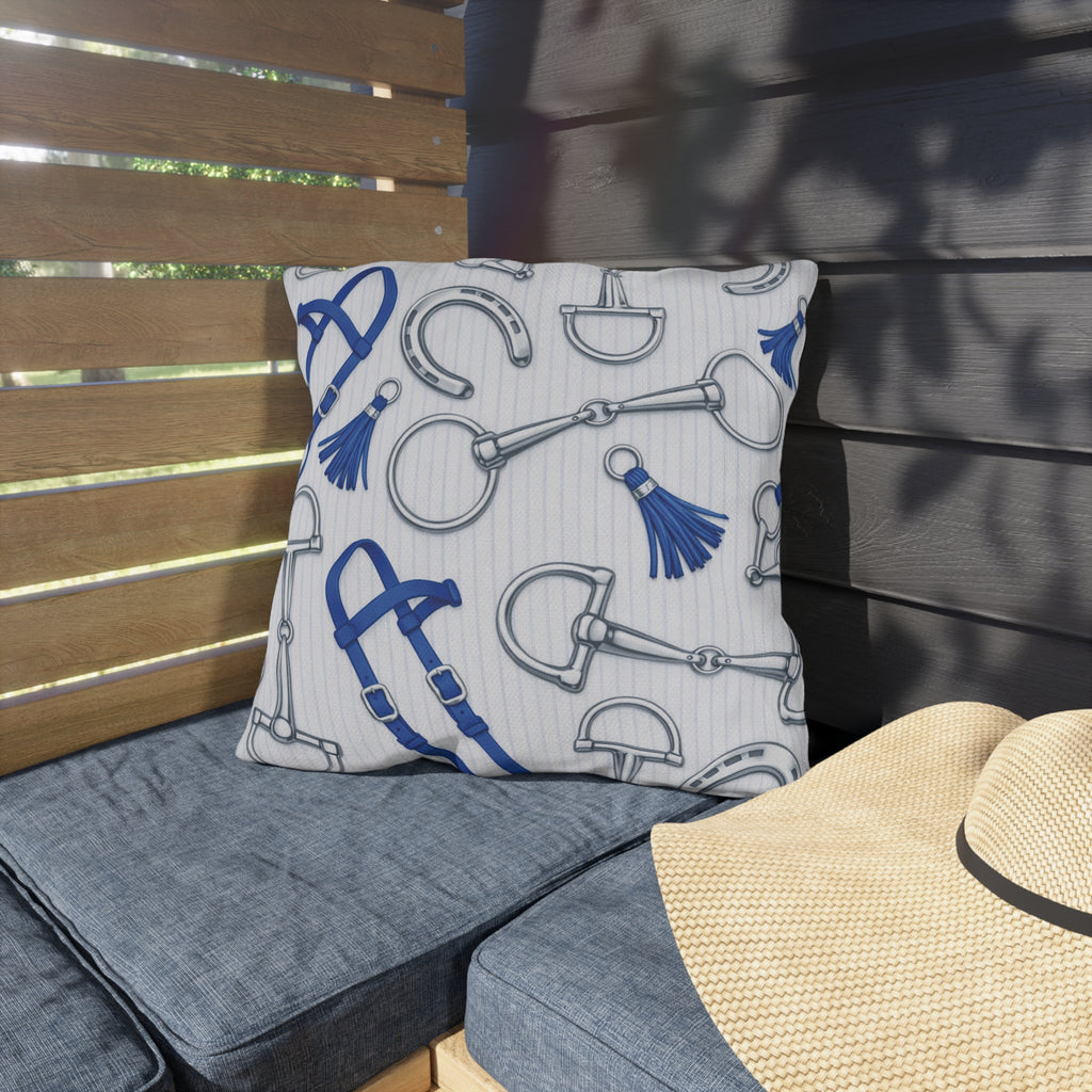 Equestrian Bits and Bridle Outdoor Pillow  Blue Horse Tack Pattern