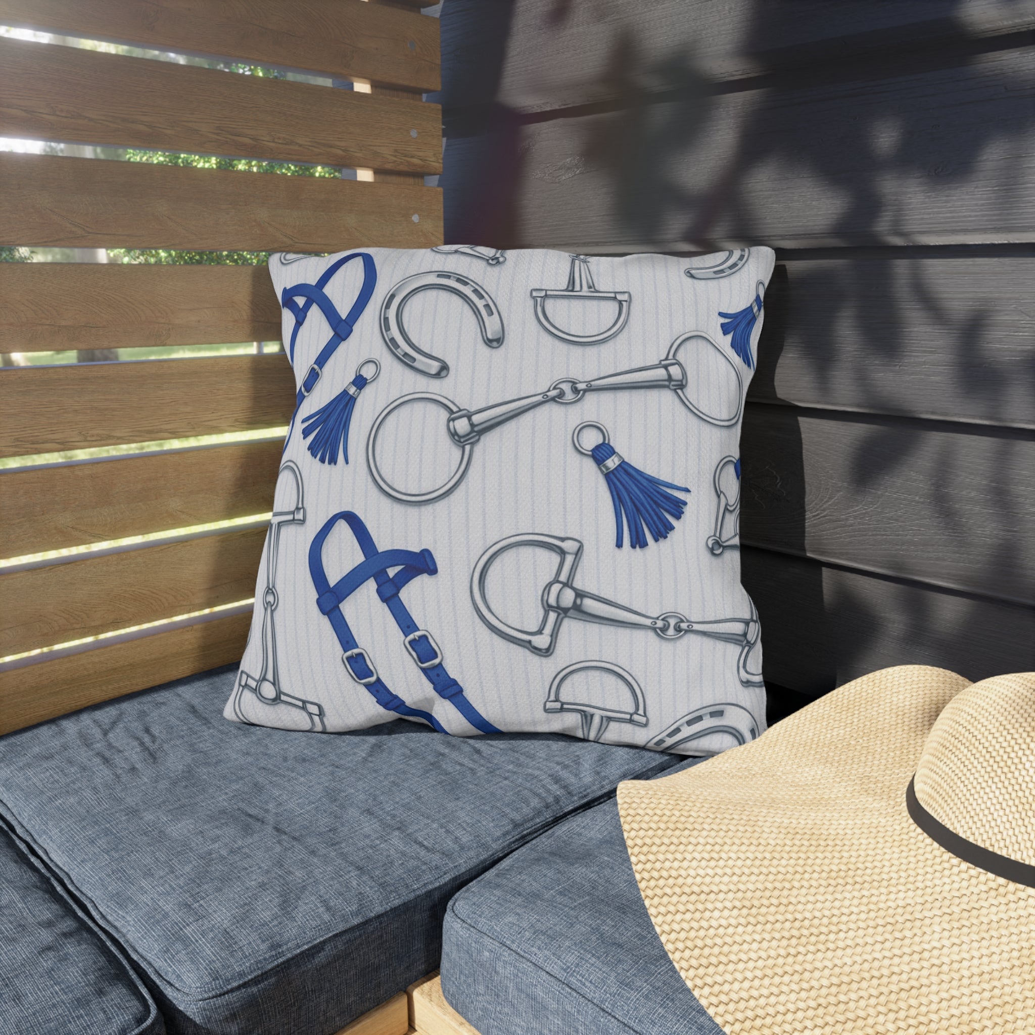Equestrian Bits and Bridle Outdoor Pillow  Blue Horse Tack Pattern