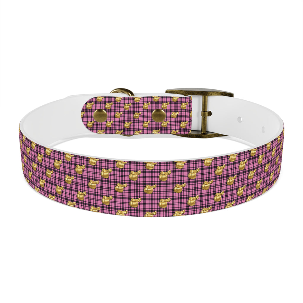 Pink Plaid Dog Collar with Tiny Gold Saddle Pattern
