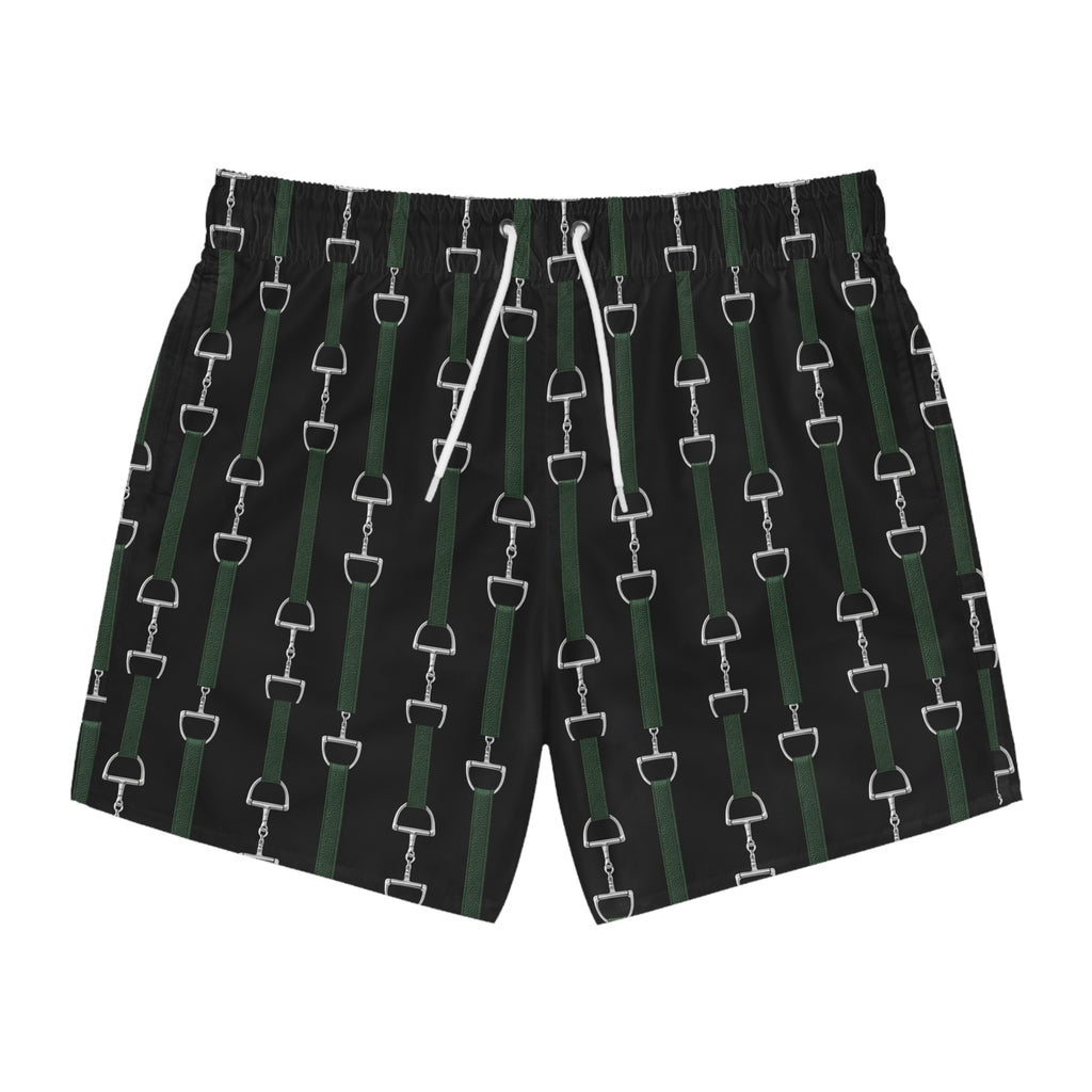 Mens Swim Trunks — Equestrian Bit Pattern (Black & Green)